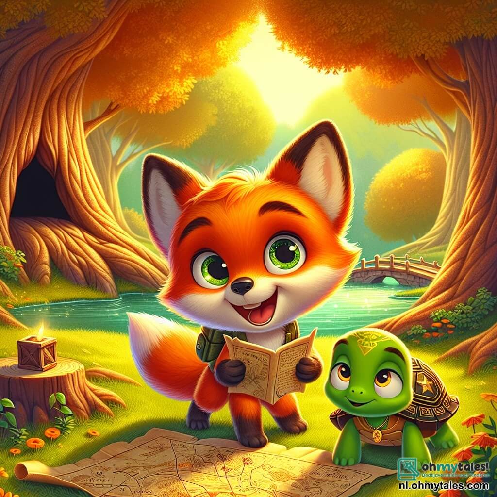 In het midden van de afbeelding staat een kleine vos genaamd Felix, met een feloranje vacht en nieuwsgierige sprankelende ogen, voor een grote holle boom. Zijn uitdrukking straalt opwinding en avontuur uit, met zijn oren rechtop en zijn staart om hem heen gewikkeld. Hij houdt een oude kaart in zijn voorpoten en speurt de grond af naar aanwijzingen. Naast hem kijkt Timo, een wijze schildpad met een groene schild versierd met gouden patronen, aandachtig naar de kaart. Zijn gezicht toont concentratie en hij staat iets naar achteren, klaar om Felix te helpen met zijn briljante ideeën. De achtergrond is een betoverend park, verlicht door gouden stralen, met majestueuze bomen, kleurrijke bloemen en een zachte bries die de bladeren laat dansen. Op de achtergrond is een mooi, glinsterend riviertje te zien. De hoofdsetting toont Felix en Timo die op zoek zijn naar de schatkaart, met een sfeer van mysterie en opwinding terwijl ze zich voorbereiden om het geheim onder de grote holle boom te ontdekken.
