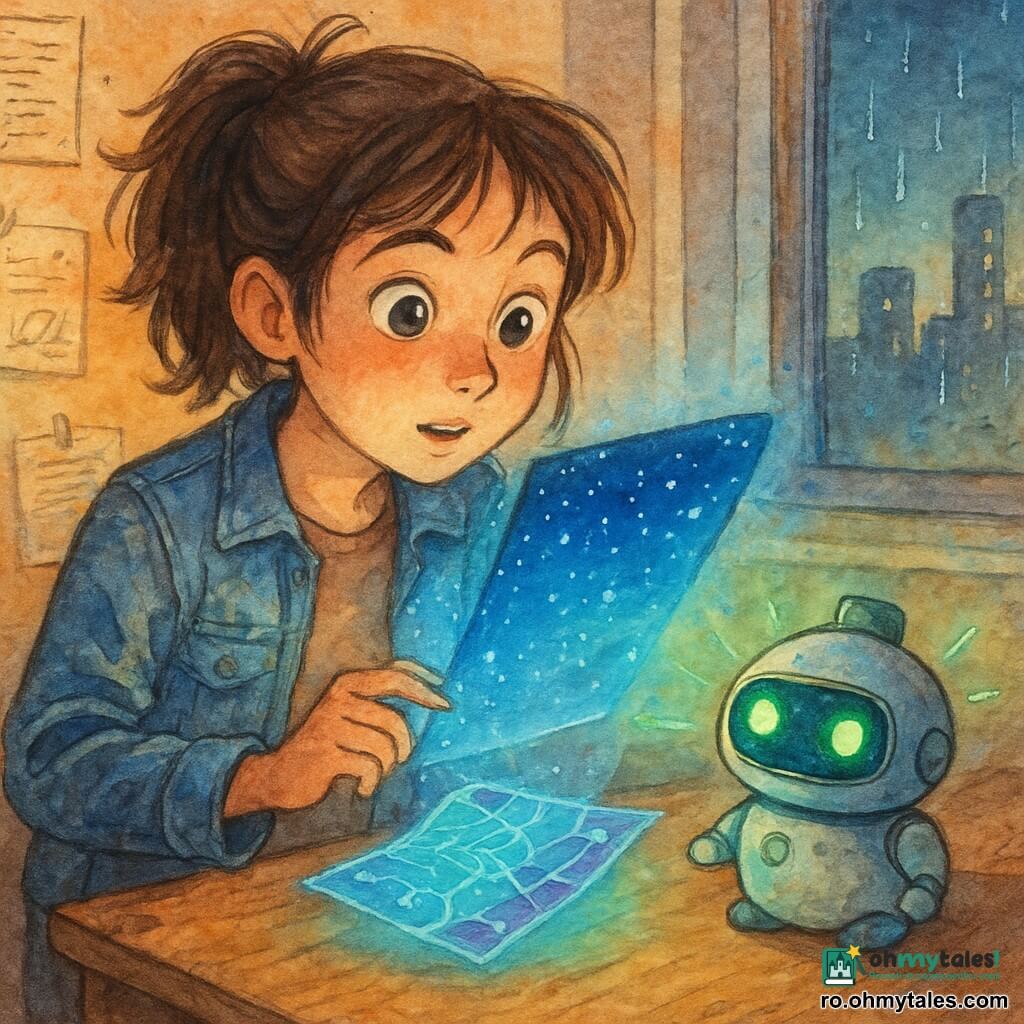 Fată de 12 ani, Lina, cu fața curioasă și concentrată, ochii mari și strălucitori, păr brun în coadă dezordonată și o jachetă de jeans uzată, stând aplecată peste un birou și ținând o mică oglindă de buzunar deschisă, tremurând de uimire; jucărie-robot Pâlp, mic și rotund, cu ochi LED verzi și capacul bateriei strâmb, emisii luminoase verzi, pe colțul biroului, bipând și privind oglinda; oglinda proiectează un cer înstelat albastru intens plin de puncte luminoase ca niște pești și o hartă holografică translucidă în tonuri cyan și violet se înalță deasupra lemnului biroului; camera este un apartament urban mic și îngrămădit, cu hârtii zgâriate pe perete, o fereastră aburită cu picături de ploaie verticale și siluete de turnuri luminate în depărtare, lumină caldă în interior contrastând cu ploaia rece; situația: Lina descoperă în oglindă o imagine magică — cer înstelat animat și hartă holografică care se ridică din oglindă — iar Pâlp reacționează, creând o scenă ce îmbină știința cu fantezia, într-o atmosferă misterioasă, blândă și luminoasă.