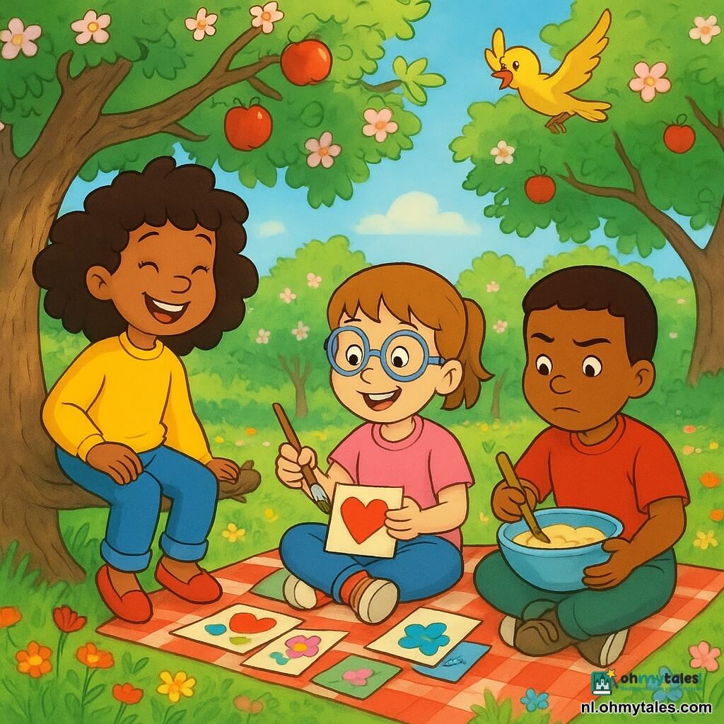 Er zijn 3 personages: - Sam, een meisje van 7 jaar met krullend haar en een felgele trui, zit glimlachend op een lage tak van een appelboom, terwijl haar benen bungelen. - Timo, een meisje van 7 jaar met korte vlechtjes en een bril met een sterrenpatroon, zit op een picknickkleed en houdt een penseel en kleurrijke kaarten vast. - Raf, een jongen van 7 jaar met kort haar en soms een rollator, zit naast Timo en houdt een kom met pannenkoekenbeslag vast met een geconcentreerde uitdrukking. De locatie is een zonnige boomgaard met bloeiende appelbomen, zonnestralen die door de takken filteren, en een tapijt van kleurrijke wilde bloemen op de grond. De hoofdsituatie toont de kinderen die kaarten en pannenkoeken voorbereiden voor Moederdag, omringd door felle kleuren en gelach, terwijl vogels boven hen in de bomen zingen.