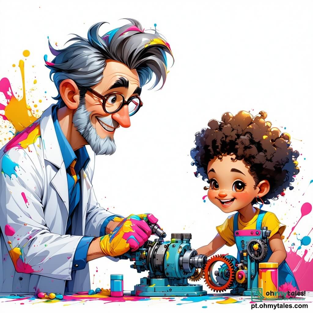 No centro da imagem, o personagem principal, o Doutor Zé, é um homem de meia-idade com cabelos desgrenhados e óculos redondos. Ele usa um jaleco colorido, cheio de manchas de tinta, e exibe um grande sorriso de excitação enquanto ajusta uma máquina brilhante com engrenagens coloridas. À sua direita, Ana, uma menina de cerca de 10 anos com cabelos cacheados e uma camiseta com estampas de flores, observa atentamente o doutor, com os olhos brilhando de curiosidade. À sua esquerda, Bruno, um menino de 9 anos com óculos quadrados e um short azul, segura um desenho de sua invenção, sorrindo, pronto para compartilhar a ideia. O cenário é o ateliê do Doutor Zé, uma sala cheia de máquinas estranhas, tubos coloridos e papéis espalhados, com prateleiras cheias de ferramentas e livros sobre ciência. Luzes cintilantes e cores vibrantes criam uma atmosfera mágica e inspiradora. A situação principal mostra o Doutor Zé explicando às crianças como funciona a invenção, cercado por suas incríveis criações, enquanto Ana e Bruno ouvem atentamente, ansiosos para participar da aventura da invenção.