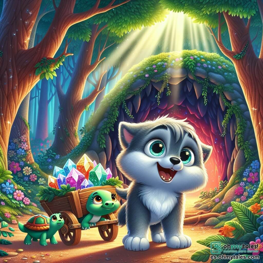 Lino, un pequeño lobo de pelaje gris y ojos llenos de curiosidad, se encuentra frente a la entrada de la misteriosa Cueva de los Ecos. Su expresión refleja asombro, con una gran sonrisa que revela su entusiasmo por la aventura. Empuja una carretilla colorida hecha de ramas y hojas, llena de piedras preciosas brillantes. A su lado está Tula, una tortuga de caparazón verde y ojos dulces, que muestra una expresión de alegría y emoción. Ella levanta la cabeza, mirando a Lino con admiración, lista para acompañarlo en esta exploración mágica. El escenario es un bosque encantado, con árboles majestuosos y hojas de un verde brillante. Flores multicolores adornan el suelo, y la luz del sol filtra a través del follaje, creando sombras danzantes. La entrada de la caverna es oscura y misteriosa, rodeada de lianas y piedras brillantes. Lino y Tula están juntos frente a la caverna, listos para entrar y descubrir los secretos ocultos en su interior, mientras luciérnagas iluminan el aire a su alrededor, añadiendo un toque de magia al momento.