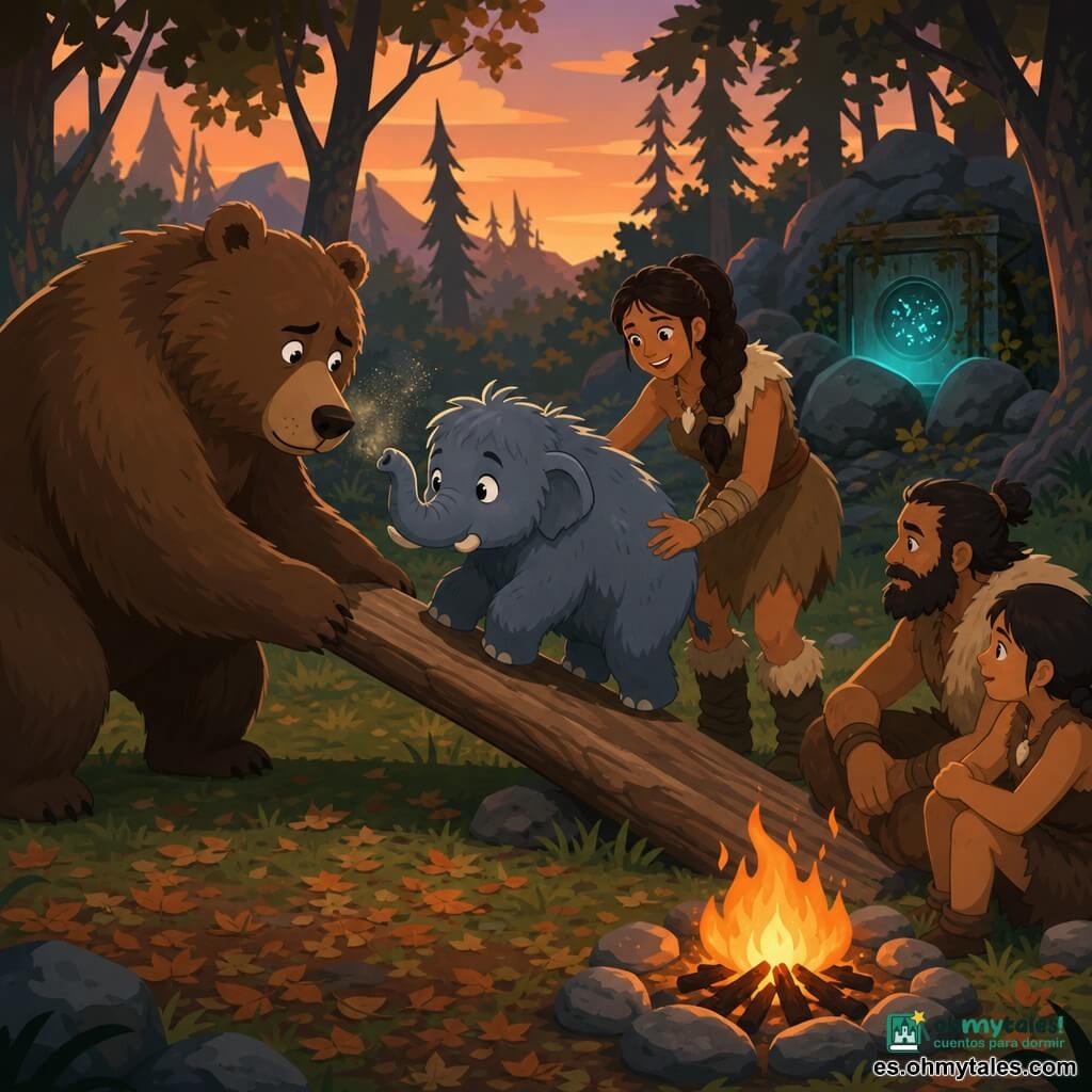 Lucio, un gran oso pardo de pelaje esponjoso y ojos redondos, aparece a la izquierda, nervioso pero concentrado, tirando suavemente de un tronco liso para formar una rampa; polvo fino vuela alrededor de su hocico. Un bebé mamut gris azulado, de trompa corta y ojos curiosos, está en el centro, asustado pero subiendo por la rampa de madera. Detrás del mamut, una mujer primitiva de trenza gruesa y piel curtida sonríe aliviada y posa una mano protectora; otros dos humanos sencillos observan junto a la hoguera, atentos y respetuosos. En segundo plano, tras unas piedras, una caja metálica antigua y oxidada emite un aro de luz translúcida verdiazul parpadeante, con pequeñas letras brillantes en su ventanilla, parcialmente oculta por las sombras. Es un claro del bosque al atardecer: suelo cubierto de hojas y hierba, piedras redondeadas alrededor de una hoguera con chispas naranjas y humo delgado, y árboles altos silueteados contra un cielo anaranjado. La escena principal muestra el rescate tenso y tierno: Lucio coloca la rampa mientras el mamut bebé sube, la hoguera calienta la escena y el portal temporal parpadea discretamente detrás, sugiriendo aventura sin peligro inmediato.