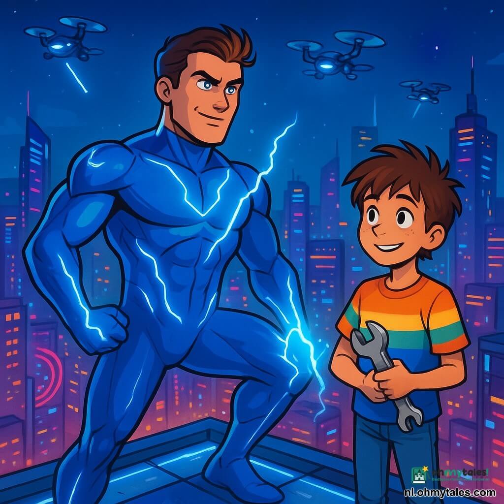Max Magnifiek, een gespierde man van rond de dertig, staat op het dak van een futuristisch gebouw, gekleed in een stralend blauwe kostuum met glinsterende zilveren lijnen. Zijn uitdrukking is vastberaden en vol vertrouwen, zijn ogen stralen energie terwijl hij naar de verlichte stad beneden kijkt. Naast hem staat Bas, een 12-jarig jongen met rommelig haar en een verlegen glimlach, gekleed in een kleurrijk t-shirt en een spijkerbroek. Hij houdt een gereedschap in zijn handen, klaar om Max te helpen in hun missie. De locatie is de top van een groot glazen gebouw, omringd door fonkelende neonlichten en zwevende drones, met een panoramisch uitzicht op Neonstad, een levendige stad vol lichten en technologie. De belangrijkste situatie toont Max en Bas die samen werken, verenigd in hun strijd tegen de Stroomdief, met bliksem van lichtenergie die van Max komt en de scène een magische gloed geeft.