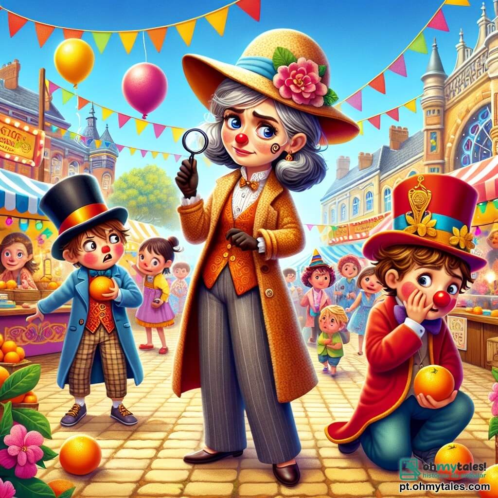Uma mulher detetive, Lúcia, está no centro da imagem, com cabelos grisalhos e um chapéu divertido. Ela tem uma expressão determinada e curiosa, segurando uma lupa na mão direita, examinando o chão com atenção. À sua esquerda, Zeca, um garoto de cerca de 10 anos, veste um traje de mágico, com um chapéu alto e um rosto vermelho de vergonha, segurando uma varinha mágica. À sua direita, Sofia, uma menina de 9 anos, está pintada de palhaço, com um nariz vermelho e cabelos cacheados, jonglando com laranjas, enquanto observa a cena com um sorriso divertido. O cenário é uma praça animada, cheia de balões coloridos, barracas de comida e decorações festivas, sob um céu azul brilhante. Ao fundo, um palco de madeira está decorado para o festival, com guirlandas de flores e luzes cintilantes. A situação principal mostra Lúcia descobrindo pistas no chão, enquanto Zeca, um pouco desconfortável, tenta esconder a Taça Dourada que escorregou de sua manga, e Sofia, divertida, observa a cena, pronta para intervir com suas laranjas.