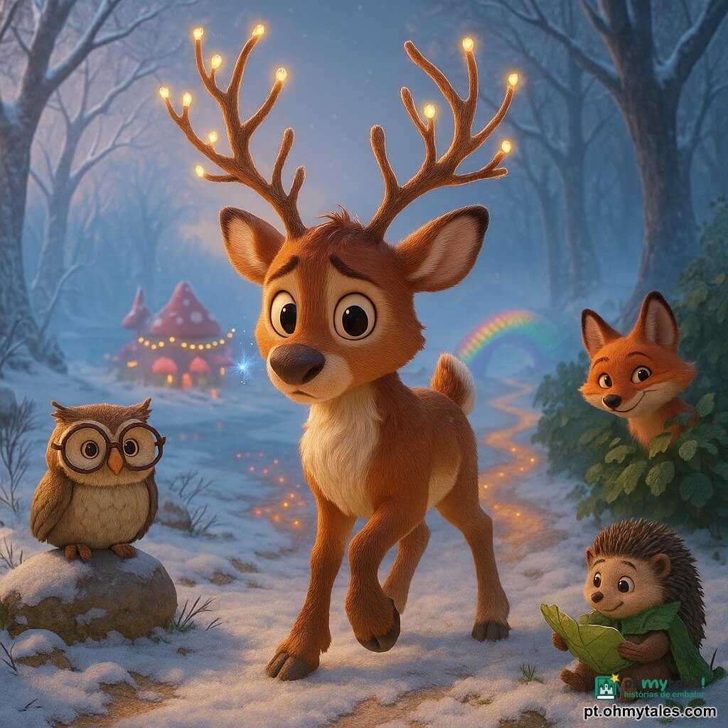 Rúfio, uma rena de grandes olhos brilhantes e chifres em forma de galhos com pequenas gotas de luz, parece tímido mas determinado, com uma pata avançada como se fosse dar um passo; sua pelagem é creme e castanho-avermelhada, com focinho macio e uma faísca azul saindo de uma das gotas; à esquerda, a coruja Bibli, de olhos redondos e óculos de casca de noz, está empoleirada numa pedra observando calmamente; à direita, a raposa Lila, de pelagem ruiva e sorriso travesso, espreita por trás de um arbusto; o ouriço Pingo, pequeno e coberto por folhas como capa, está junto às patas de Rúfio segurando uma folha como mapa; a cena ocorre na manhã na orla de um bosque nevado com árvores cobertas de geada e leve neblina, mostrando Rúfio hesitando diante de três trilhas distintas — uma de gelo cintilante, outra de cogumelos coloridos com luzes, e outra com arcos de cores levando a um vale — sob luz suave e cores quentes contrastando com a neve fria.