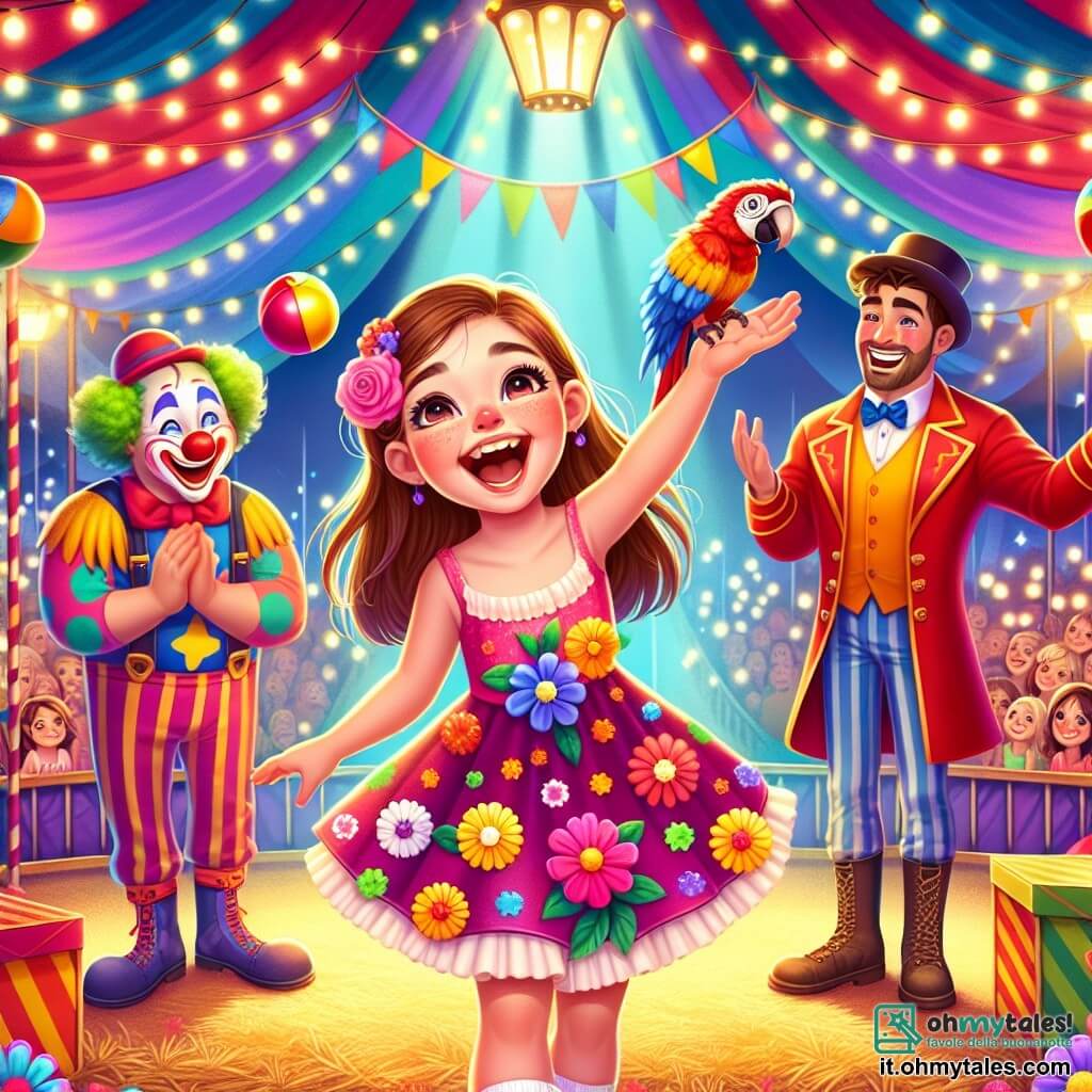 Una ragazza di 9 anni, Sofia, con lunghi capelli castani e occhi scintillanti di gioia, indossa un vestito colorato a pois e fiori. Sta ridendo a crepapelle, con le braccia alzate, in una scena vibrante di circo. Accanto a lei, un clown felice di circa 30 anni, con un naso rosso e un grande sorriso, gioca con palline multicolori, creando un'atmosfera festosa. Un addestratore di animali, Marco, un uomo robusto di quarant'anni con una voce calorosa, è vicino a lei, con un pappagallo colorato sulla spalla, pronto a ballare. Il luogo è un grande tendone da circo, con luci scintillanti e festoni colorati che fluttuano sopra il pubblico meravigliato. Il pavimento è coperto di paglia e fieno, aggiungendo un tocco rustico all'atmosfera magica. La scena principale mostra Sofia, piena di energia e felicità, che balla con Marco e il pappagallo, mentre il clown gioca accanto a loro, tutto sotto gli applausi e le risate del pubblico affascinato.