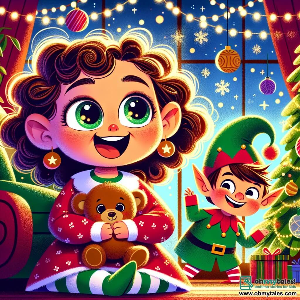 A 2-year-old girl with bright big eyes and curly brown hair smiles in wonder. She wears a red dress with white polka dots and holds a teddy bear in her arms. Beside her, a mischievous elf with pointed ears, dressed in green and wearing a red hat, laughs while hiding a cookie under the couch. The setting is a cozy living room, illuminated by twinkling lights, with a large Christmas tree decorated with colorful ornaments and golden stars. The scene shows the little girl and the elf having fun together, surrounded by festive decorations, creating a joyful and magical atmosphere.