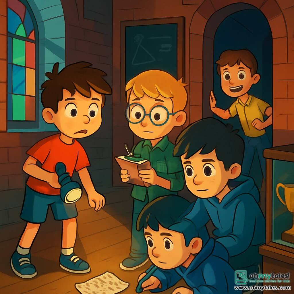 There are four children: Max, a 7-year-old boy with messy brown hair, wearing a red t-shirt and blue shorts, holding a flashlight and looking around curiously; Ollie, a 7-year-old boy with round glasses and blonde hair, dressed in a green plaid shirt, holding a notebook and pencil, ready to jot down clues; Theo, a 7-year-old boy with black hair and freckles, wearing a blue hoodie, crouched down examining an old book in a display case with a focused expression; and Sam, a 7-year-old boy with brown hair and a mischievous smile, wearing a yellow t-shirt and jeans, standing near the door, ready to signal to the others. The setting is an old school with red brick walls and large stained-glass windows. The corridor is dimly lit by moonlight filtering through the windows, casting shadows on the worn wooden floor. Trophies sparkle in a dusty display case, and an old blackboard is covered in white chalk. The main scene shows the four friends in the middle of an investigation, carefully scrutinizing the trophy case, with a mysterious note fallen at their feet. Excitement and curiosity are evident on their faces, while a slight thrill of adventure hangs in the air.