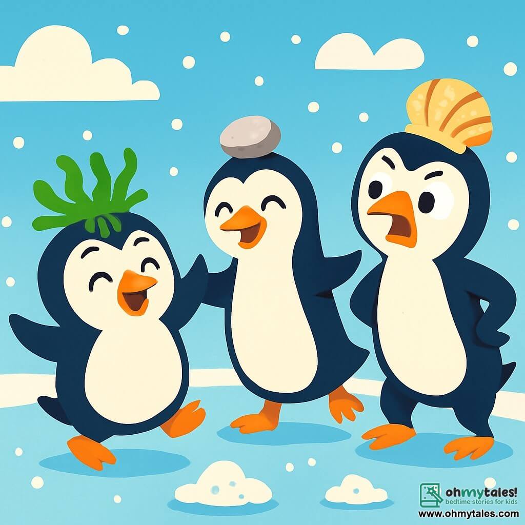 A small, round, and cute penguin named Benny, with shiny black and white feathers, wears a green seaweed hat. He has a big joyful smile and sparkling mischievous eyes, dancing and swaying on the ice. Next to him is his big sister Penny, an elegant penguin with a shiny beak, laughing heartily while balancing a small stone on her head. She looks playful and amused. A little further away, their brother Pete, a slightly larger penguin with a shell hat, is making funny faces with a comical and cheeky expression. The scene takes place on a sparkling ice floe under a light blue sky dotted with fluffy white clouds. Snowflakes gently fall around them, creating a magical atmosphere. The penguins are celebrating their secret club, joyfully dancing, singing, and holding each other's wings, surrounded by small piles of sparkling snow.