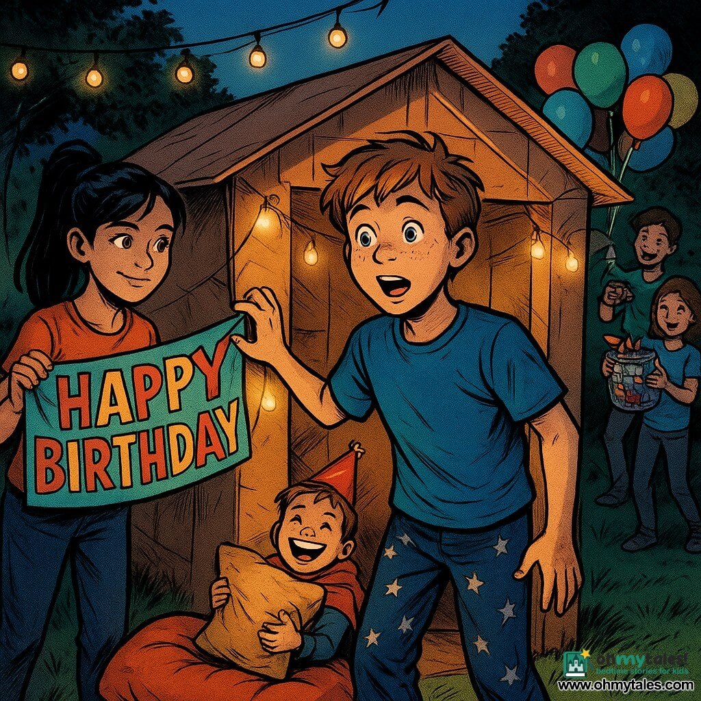 A 12‑year‑old round‑faced freckled boy with tousled light brown hair and a surprised, moved expression (bright eyes, raised brow) stands at the entrance of a decorated cardboard "Friendship Fort," wearing a blue t‑shirt and pajama or casual pants and touching a string of lights; to his left slightly behind him is Tessa, about 11, with black hair in a ponytail, a shy smile and sparkling eyes, holding a colorful "HAPPY BIRTHDAY" banner; inside on a large cushion sits Max, about 7, small, in a red cape and tilted party hat, joyfully clutching a pillow like a treasure; two other friends (~12 and ~11) are in the background holding a jar of colorful "compliments" and adjusting balloons under a festive arch; the scene is a warm, intimate backyard at dusk with green grass, warm string lights, a multicolored balloon arch, hanging filament lamps and blankets, centered on the open doorway revealing the bright, festive interior contrasted with twilight outside, conveying surprise and gratitude.