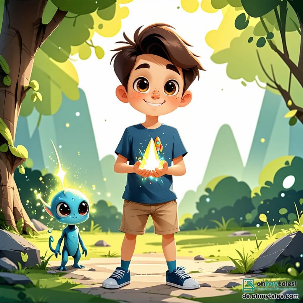 Ein 10-jähriger Junge, Tim, mit zerzausten braunen Haaren und neugierigen, funkelnden Augen, steht in einer sonnigen Lichtung mit einem breiten Lächeln im Gesicht. Er trägt ein blaues T-Shirt mit einem Raketenmotiv und khakifarbene Shorts und hält in seinen Händen einen kleinen leuchtenden Kristall, der in lebhaften Farben funkelt. Neben ihm schwebt ein kleiner Außerirdischer namens Zog, mit schillernder Haut, runden, ausdrucksvollen Augen und einer zarten Silhouette, der ihn bewundernd beobachtet. Die Lichtung ist von großen, dicken Bäumen mit leuchtend grünen Blättern umgeben, und bunte Blumen sind über den Boden verstreut. Sonnenstrahlen filtern durch die Äste und schaffen eine magische, warme Atmosphäre. Die Hauptsituation zeigt Tim und Zog, die sich wissende Blicke zuwerfen, während Tim den Kristall Zog reicht, was ihre Freundschaft und die Entdeckung einer neuen Welt symbolisiert.