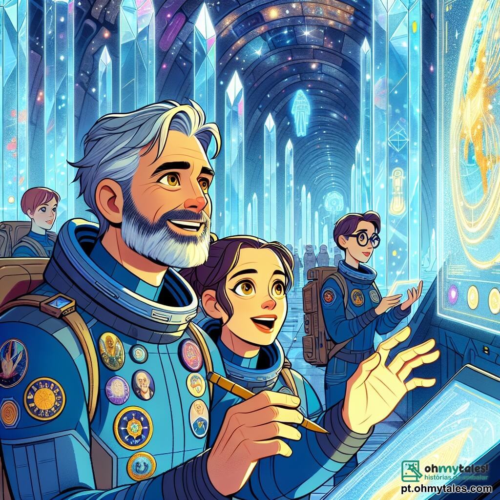 O personagem principal, Hugo, é um homem de cerca de cinquenta anos, com cabelos grisalhos e olhos brilhantes de curiosidade. Ele usa um traje espacial azul adornado com emblemas de missões passadas, e seu rosto expressa um profundo encantamento enquanto observa uma estrutura cristalina fascinante à sua frente. Ao seu lado está Zara, uma jovem de cerca de 30 anos, com cabelos castanhos presos em um rabo de cavalo e um sorriso entusiasmado. Ela está fazendo anotações em um dispositivo holográfico, com os olhos brilhando de excitação. Leo, um homem na casa dos trinta anos, está um pouco afastado, usando óculos redondos e uma barba bem cuidada. Ele observa uma tela de comunicação, com um olhar concentrado, pronto para decifrar sinais misteriosos. O local da cena é uma grande sala dentro de uma estrutura cristalina, onde as paredes brilham em mil cores sob uma luz suave. Painéis de cristal flutuam ao redor, exibindo imagens de galáxias distantes e civilizações desconhecidas. A situação principal mostra Hugo e sua equipe descobrindo essa sala incrível, cheia de tecnologias avançadas, enquanto um holograma de um ser de luz aparece diante deles, dando-lhes as boas-vindas a um mundo de conhecimentos infinitos.
