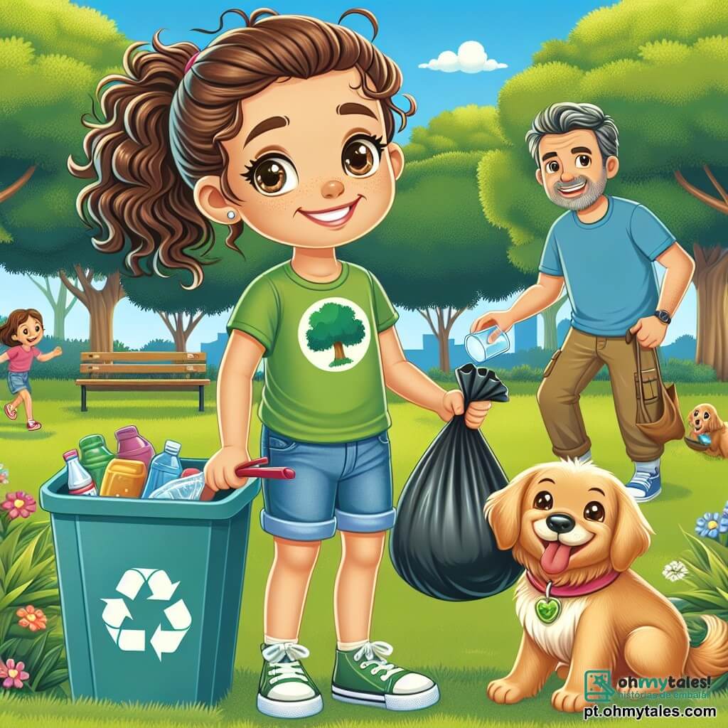 Uma menina de 10 anos, chamada Sara, está no centro da imagem, com um grande sorriso no rosto e olhos brilhantes de entusiasmo. Ela tem cabelos cacheados castanhos presos em um rabo de cavalo e usa uma camiseta verde com um desenho de árvore e um short jeans. Ela segura um saco de lixo em uma mão e um copo de plástico na outra, pronta para jogá-los em uma lixeira de reciclagem colorida. Ao lado dela, seu amigo Tico, um pequeno cachorro de pelos dourados, exibe uma expressão alegre, abanando o rabo. Um adulto, o pai de Sara, com cerca de 35 anos, está ao fundo, vestindo uma camiseta azul e calças cargo, recolhendo lixo com um grande sorriso, apoiando a iniciativa da filha. A cena acontece em um parque verdejante, com árvores majestosas, flores coloridas e um céu azul claro com algumas nuvens brancas. Crianças brincam ao redor e famílias fazem piqueniques na grama. A situação principal mostra Sara e seu pai limpando o parque, cercados por amigos e vizinhos, todos unidos para recolher lixo e conscientizar sobre a importância de proteger o meio ambiente.