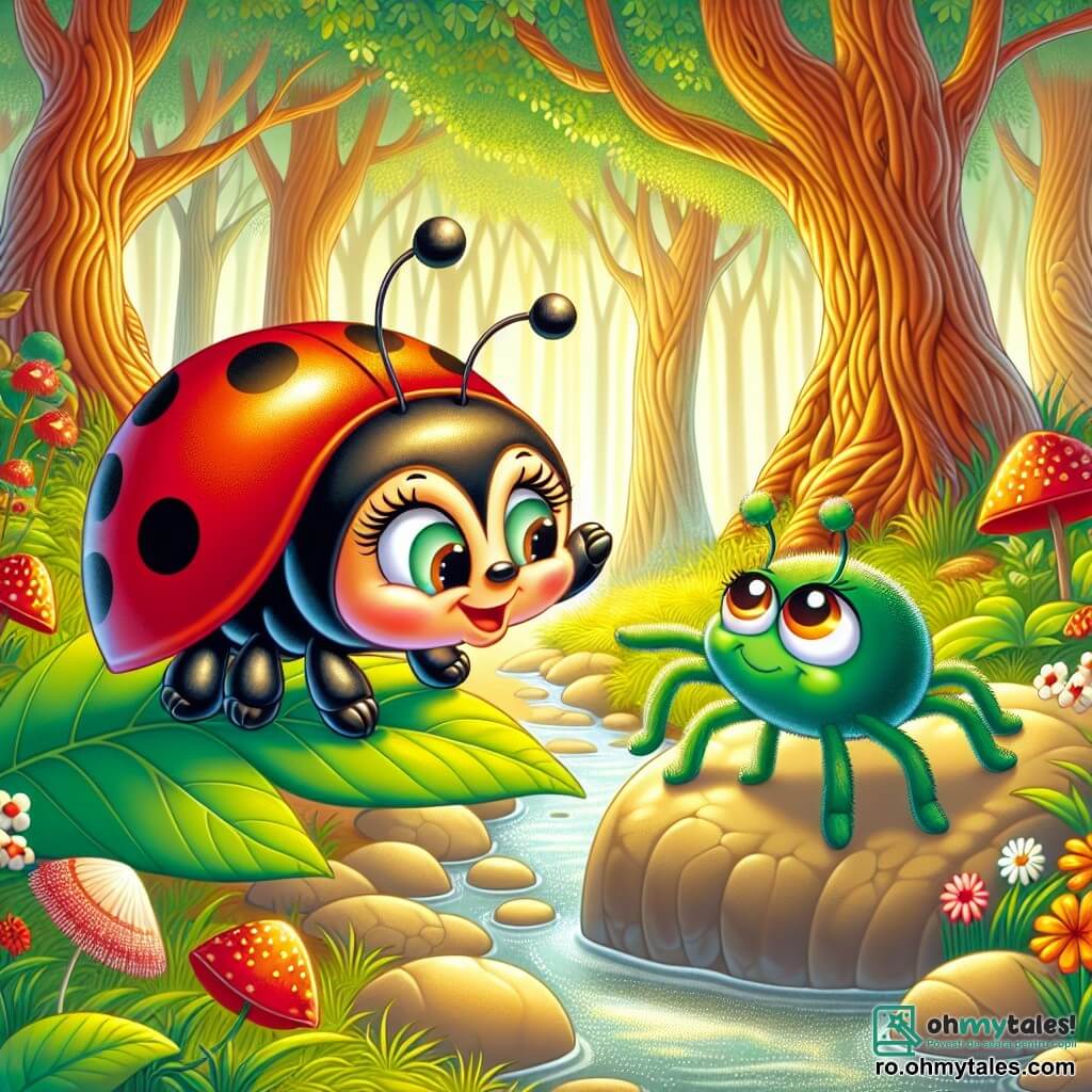 O mică buburuză pe nume Lila, cu un corp roșu aprins presărat cu puncte negre, își exprimă o mare curiozitate și entuziasm sărind vesel pe o frunză verde. Lângă ea, o mică broscuță verde pe nume Sisi, cu ochi mari și rotunzi și o piele strălucitoare, o încurajează cu un zâmbet prietenos, așezată pe o piatră. În fundal, se desfășoară o pădure fermecată, plină de copaci cu trunchiuri răsucite, flori colorate care par să danseze și o lumină aurie filtrându-se printre frunze. Scena arată cum Lila și Sisi se pregătesc să traverseze un mic pârâu strălucitor, simbolizând începutul aventurii lor în căutarea comorii ascunse.
