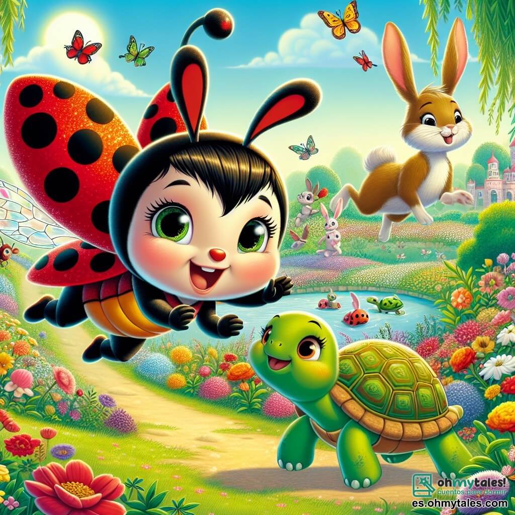 Una pequeña mariquita llamada Lía, con alas rojas brillantes salpicadas de manchas negras, vuela alegremente sobre un jardín colorido, con sus antenas erguidas, mostrando gran curiosidad y determinación para ayudar a sus amigos. Junto a ella, un alegre conejo llamado Saltarín, con grandes orejas y pelaje marrón claro, salta con entusiasmo, sus ojos brillando de emoción, mientras que una tortuga sabia llamada Lenta, con un caparazón verde y ojos suaves, avanza lenta pero segura, reflexionando sobre la situación. Al fondo, un hermoso jardín se extiende hasta donde alcanza la vista, lleno de flores brillantes, árboles danzantes y un cielo azul soleado, creando una atmósfera mágica y acogedora. La escena muestra a Lía y sus amigos unidos, listos para enfrentar una sombra misteriosa que amenaza su jardín, simbolizando la amistad y el coraje ante la adversidad.
