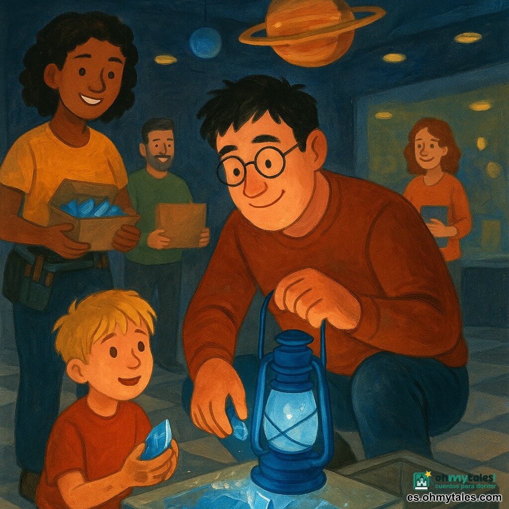 Un hombre alto y tranquilo, Torv, rostro redondo, pelo negro alborotado y gafas finas, sonríe serenamente y sostiene una lámpara azul antigua que emite un halo suave; está agachado junto a una vitrina rota colocando un trozo de cristal. A su derecha, un niño de unos 8 años, rubio y con manos manchadas de arcilla, sostiene una pequeña pieza de cristal pulida y lo mira con admiración. Desde la izquierda, una mujer adulta, Nala, ingeniera de 30 años, piel morena y cabello corto rizado, con cinturón de herramientas, le tiende una caja de piezas. En el fondo, un pequeño grupo de voluntarios (un hombre de 40 y una mujer de 35) sonríe mientras guarda cajas y cuadernos formando una cadena humana. El lugar es el vestíbulo de un museo de ciencias: suelo ajedrezado gris, grandes vitrinas, maquetas de planetas colgando y un fondo oscuro con focos circulares; la escena muestra la reparación colectiva de una cápsula de energía en una atmósfera cálida y tranquilizadora, luz azul suave, polvo plateado brillante en el aire y rostros concentrados y serenos. Estilo: gouache de colores saturados y texturas de pincel visibles, contornos suaves, ambiente de cuento urbano luminoso.