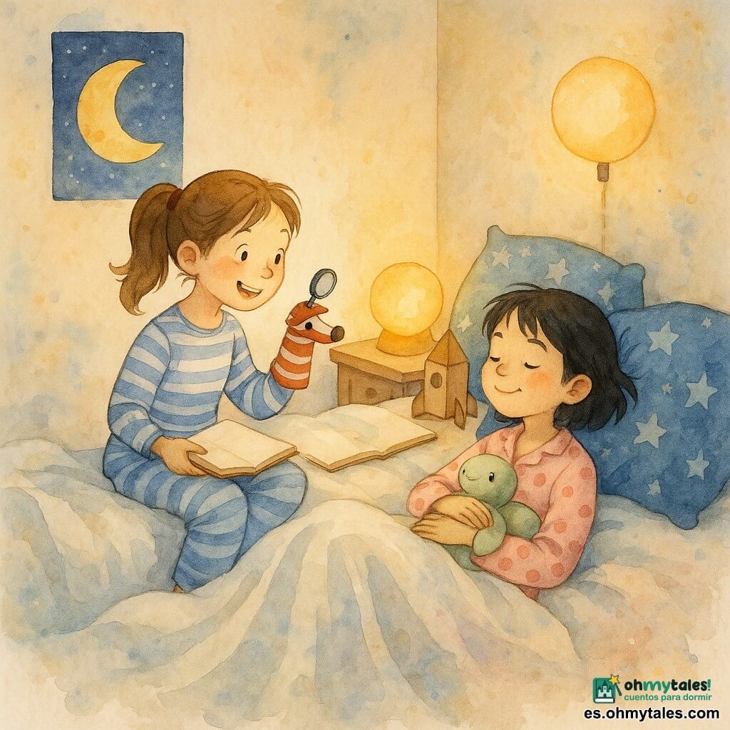 Hay 4 personajes: Lara, niña de 12 años, cabello castaño claro en coleta, ojos risueños, pijama a rayas azul y blanco, sentada a la izquierda del cama sosteniendo una libreta y un calcetín detective en la mano derecha; Inés, niña de 12 años, cabello negro corto, pijama rosa con lunares, tumbada a la derecha apoyada en cojines abrazando una tortuga de peluche verde; el calcetín detective, marioneta hecha de un calcetín rojo y blanco a rayas con botón como ojo y boca cosida, en la mano de Lara apuntando una mini-lupa hacia Inés; la peluche tortuga Martina, de tela verde pálido con ojos bordados, en el centro-derecha de la cama observando la escena. Lugar: habitación acogedora vista en ligera picada, paredes color crema con póster de la luna, lámpara-luna encendida que emite luz cálida, cama amplia con una manta blanca ondulada y cojines estrellados apilados, mesita de noche de madera clara con una hucha cohete y una libreta abierta. Situación: las niñas juegan a un ritual para dormirse; Lara lee reglas divertidas desde su bloc mientras Inés escucha bostezando; la atmósfera es suave, pausada y lúdica, con salpicaduras de acuarela que sugieren volutas de sueño y pensamientos que se calman.