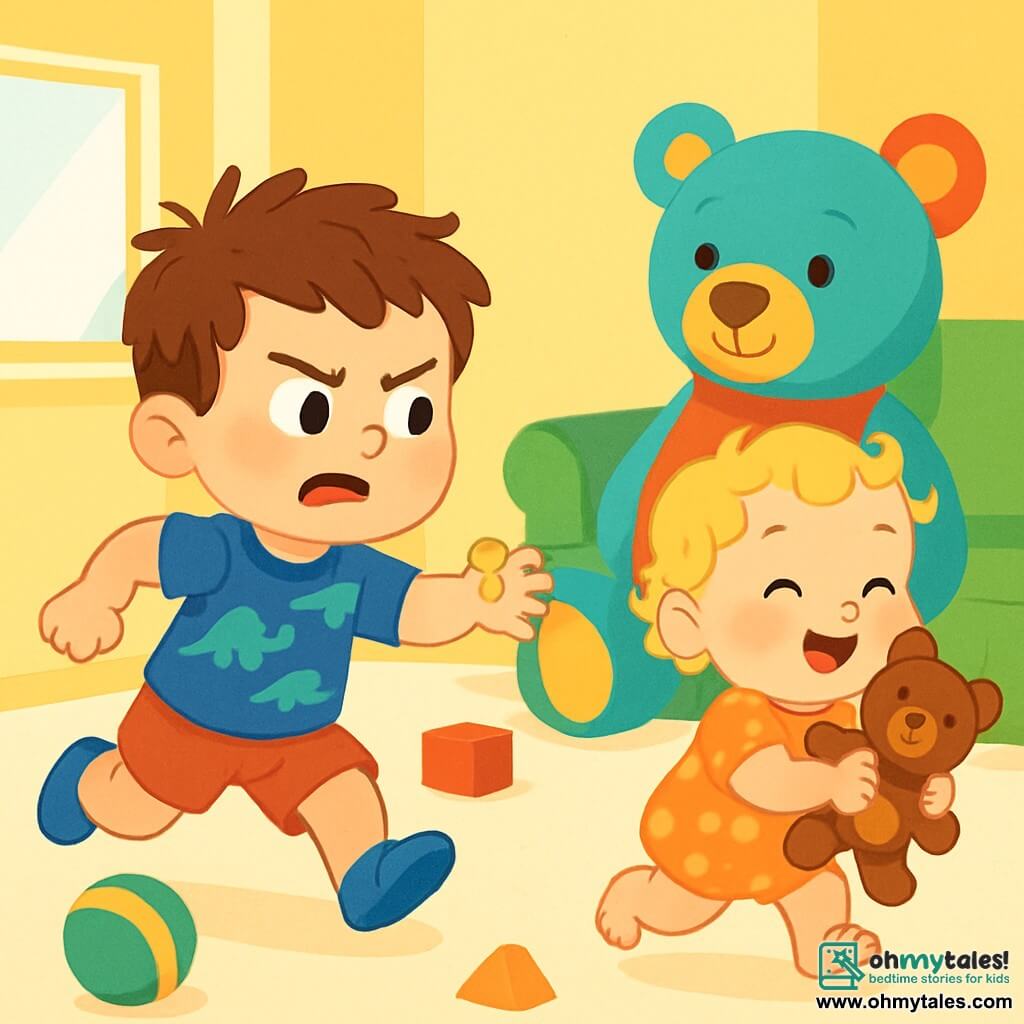 Max is a 2-year-old boy with messy brown hair and sparkling eyes. He is wearing a blue t-shirt with dinosaurs and red shorts. He looks determined and a bit frustrated as he chases his sister. Mia, his 1-year-old sister, has curly blonde hair and round cheeks. She is joyfully laughing while holding Max's teddy bear, standing next to a large colorful stuffed animal in a bright and welcoming room with yellow walls and toys scattered on the floor. The main scene shows Max running comically while Mia giggles and moves away, holding the teddy in her tiny hands.