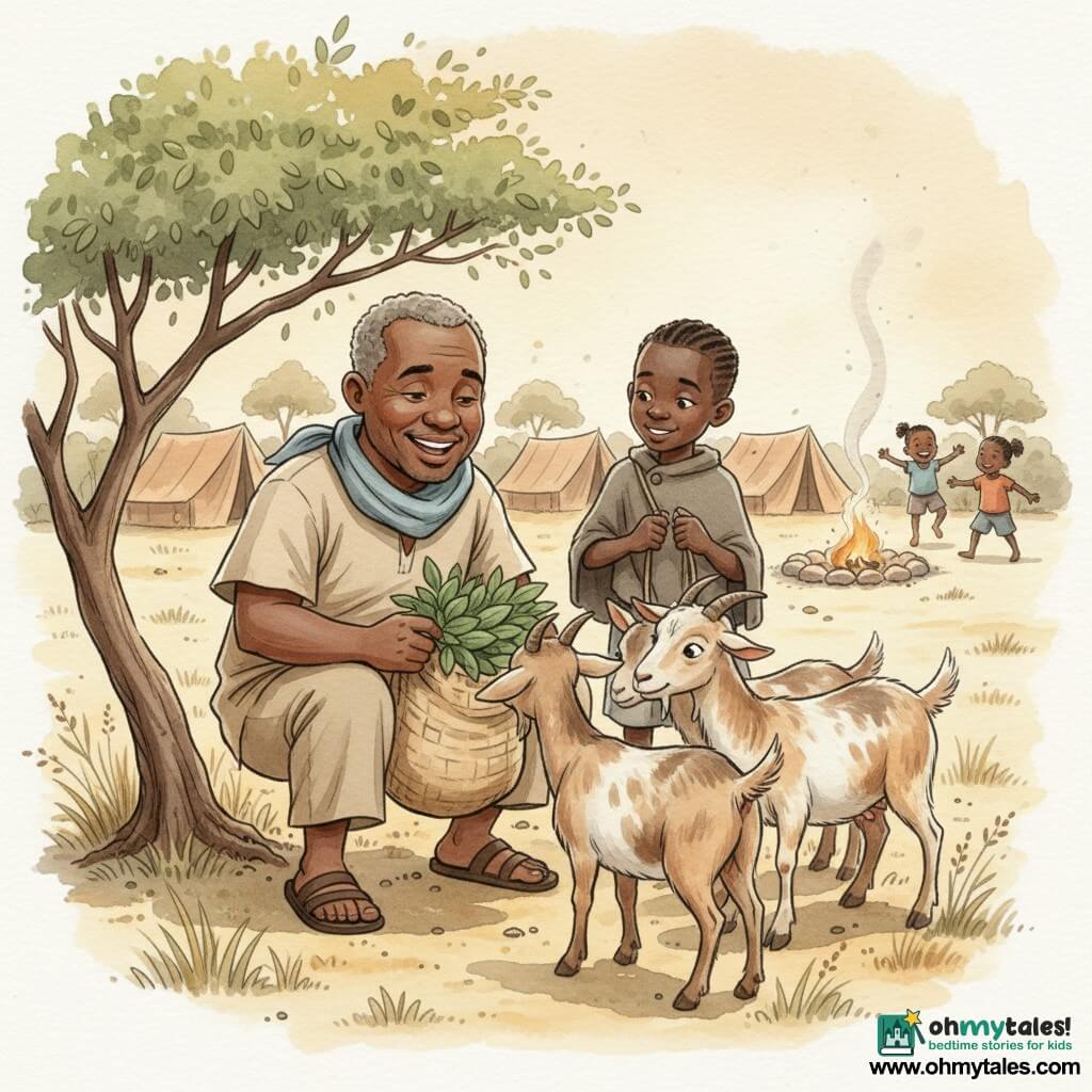A man named Kofi, round smiling face, warm brown skin, short salt-and-pepper hair, crouches under a small-leaf acacia holding a wicker bag of shiny green leaves, wearing a simple beige cotton tunic and light blue scarf; a roughly 10-year-old shepherd boy with dark skin, short braided hair, a small wool cape and a cord stands slightly behind to the right with a shy smile as three beige goats with brown patches, short horns and lively eyes sniff the leaves; background shows a low nomad camp of beige and brown tents, a stone fire ring with thin smoke, children playing at a distance on pale yellow sandy ground with tufts of dry grass, all bathed in warm dusk light with long shadows and soft, earthy, watercolor-like tones, composition centered on the calm, sharing exchange between Kofi and the goats.