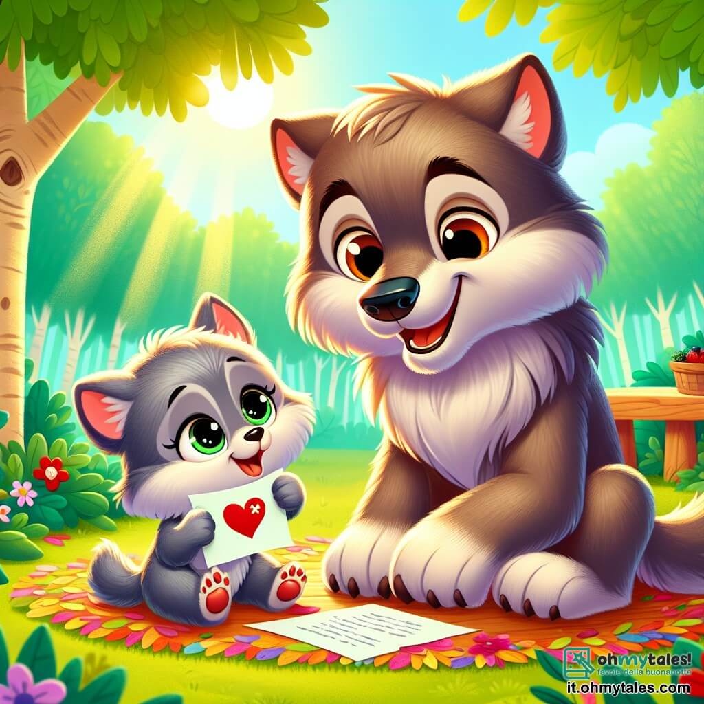 Un piccolo lupo dal morbido pelo grigio, con grandi occhi brillanti e un sorriso gioioso, è seduto su un tappeto di foglie colorate, tenendo una lettera decorata con un cuore rosso tra le zampe. Sembra eccitato e orgoglioso, pronto a sorprendere il suo papà. Accanto a lui, un grande lupo dal pelo marrone, con occhi calorosi e un sorriso affettuoso, guarda il suo bambino con ammirazione, in piedi e pronto a scoprire la sorpresa. Sembra commosso e felice, inclinando leggermente il corpo verso il piccolo lupo. La scena si svolge in una radura soleggiata del bosco, circondata da alberi maestosi con foglie verdi vibranti, con fiori colorati che danzano al vento. I raggi di sole filtrano tra i rami, creando un'atmosfera calda e gioiosa. Il piccolo lupo ha preparato una sorpresa per la festa del papà: una lettera piena d'amore e un delizioso panino alle bacche, che ha disposto con cura su un piccolo tavolo di legno, pronto a celebrare questo momento speciale con il suo papà.