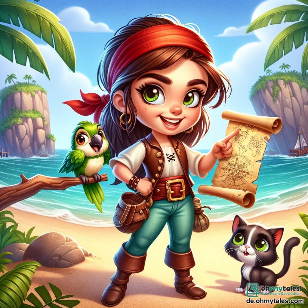 Leni, eine junge Piratin mit entschlossenem Blick, steht stolz am Strand der Insel Nebelstein. Sie hat lange braune Haare, die im Wind wehen, ein rotes Bandana auf dem Kopf und ein strahlendes Lächeln. In einer Hand hält sie eine alte Schatzkarte, während die andere auf einen großen geheimnisvollen Stein zeigt, was ihre Begeisterung für das Abenteuer zeigt. Neben ihr sitzt Tim, ein bunter Papagei mit grünen und gelben Federn, auf ihrer Schulter. Er sieht aufgeregt aus, mit glänzenden Augen und geöffnetem Schnabel, als würde er Ermutigungen rufen. Etwas weiter entfernt beobachtet Leo, eine schwarze Katze mit leuchtend grünen Augen, aufmerksam die Szene. Er sitzt auf einem Felsen, mit umwickeltem Schwanz und scheint bereit zu sein, Leni beim Entdecken des Schatzes zu helfen. Die Szene spielt sich an einem sonnigen Strand ab, umgeben von üppigen Palmen und imposanten Felsen. Der Himmel ist strahlend blau, und sanfte Wellen lecken den Strand, was dem Abenteuer eine Note der Gelassenheit verleiht. Leni und ihre Freunde suchen mit großer Aufregung nach dem Schatz der alten Piraten und sind voller Vorfreude auf das, was sie finden werden.