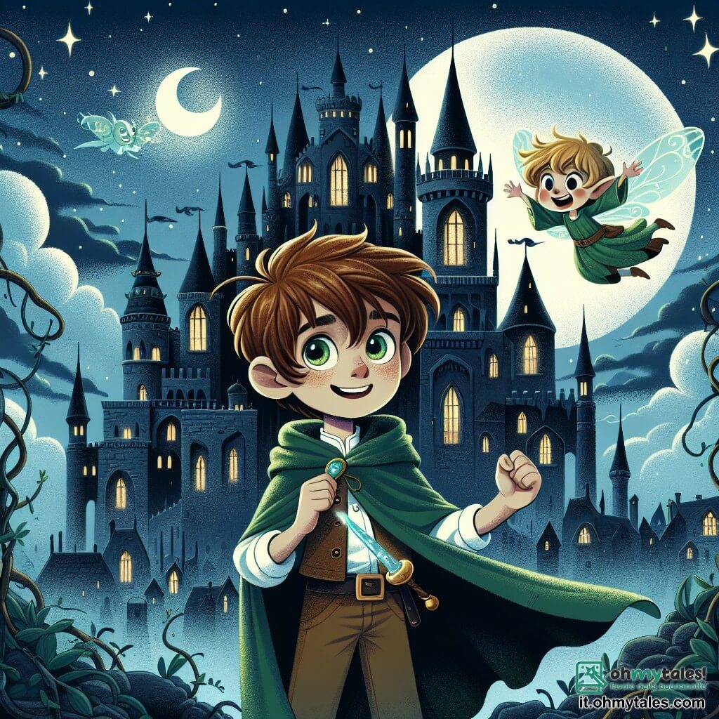 Un ragazzo di 10 anni, Leo, con capelli castani e occhi pieni di curiosità, si trova coraggiosamente davanti a un imponente castello scuro, il suo cappotto verde che fluttua nel vento. Il suo viso esprime determinazione ed eccitazione mentre stringe una conchiglia magica nella mano, pronto a usarla. Accanto a lui, un piccolo folletto di nome Luma, con ali scintillanti e capelli dorati, vola gioiosamente intorno a lui, illuminando l'atmosfera con la sua luce dolce. Luma sorride e incoraggia Leo, fluttuando sopra la sua spalla. Sullo sfondo, il castello è maestoso e inquietante, con torri slanciate, finestre scure e rampicanti che gli conferiscono un'aria misteriosa. Il cielo è di un blu profondo, punteggiato di nuvole bianche, creando un contrasto con l'oscurità del castello. La scena principale mostra Leo pronto a entrare nel castello per affrontare lo stregone malvagio e recuperare il cristallo magico, mentre Luma lo incoraggia con scintillii di luce.