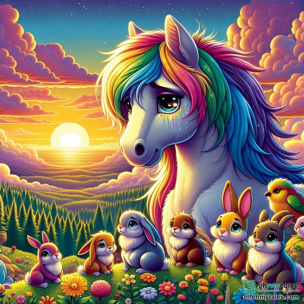 Een prachtig magisch paard met een glinsterende regenboogkleurige manen staat op de top van een berg, met ogen die stralen van verdriet en vastberadenheid. Het kijkt naar de horizon waar de zon ondergaat en de lucht verlicht met gouden en roze tinten. Naast hem staat een groep kleine bosdieren, zoals konijnen met grote oren en vogels met kleurrijke veren, die diepe melancholie uitdrukken. De konijnen, met hun zachte vachten en ronde ogen, kruipen tegen elkaar aan, terwijl de vogels zachtjes zingen met hun vleugels uitgespreid, alsof ze hun vriend willen troosten. De omgeving is een majestueuze berg die uitkijkt over een uitgestrekt boslandschap, badend in het gouden licht van de zonsondergang. Kleurige wilde bloemen bloeien op de hellingen en donzige wolken drijven zachtjes in de lucht. De hoofdscène toont het magische paard en zijn vrienden die samenkomen voor een emotionele ceremonie ter nagedachtenis aan een verloren vriend, waarbij ze herinneringen delen en het leven vieren, terwijl ze de schoonheid en het verdriet van het moment voelen.