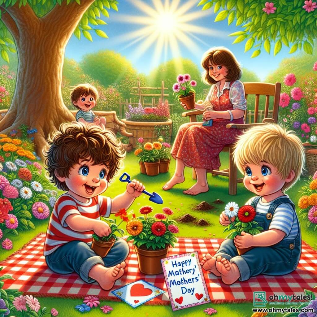 In a sunny garden, three boys are gathered to celebrate Mother's Day. Timmy, a three-year-old with curly brown hair, sits on a red and white checkered blanket, holding a small plastic shovel and smiling enthusiastically. Benny, also three, has big blue eyes and blonde hair. He stands next to Timmy, holding a pot of colorful flowers, ready to plant. Charlie, the third boy, has chestnut hair and a sweet smile. He sits across from Timmy, holding a handmade card with a heart drawing, looking at his friends with admiration. The garden is filled with vibrant flowers, lush greenery, and a large shady tree where the moms sit, smiling and watching their children. The boys are planting flowers for their moms, surrounded by laughter and joy, creating a magical and warm moment under the sun.