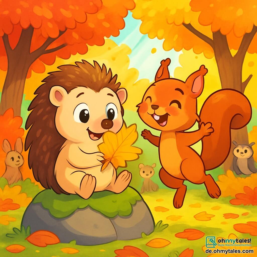 Milo, ein kleiner Igel mit braunem, weichem Fell und großen, neugierigen Augen, sitzt auf einem großen, moosbedeckten Stein und hält ein wunderschönes goldenes Laub in seinen kleinen Pfoten, während er ein staunendes Lächeln zeigt. Neben ihm springt Frida, ein kleines Eichhörnchen mit rotem Fell und schelmischen Augen, fröhlich umher, ihre Vorderpfoten in die Luft erhoben, voller Aufregung und Glück. Der Ort ist eine sonnige Lichtung, umgeben von Bäumen mit leuchtend roten, orangen und gelben Blättern, während Sonnenstrahlen durch die Äste filtern und den mit Laub bedeckten Boden erleuchten. Die Hauptsituation zeigt Milo und Frida, die gemeinsam das kostbare goldene Laub entdecken, das Freundschaft und die Magie des Herbstes symbolisiert, während andere Tiere im Wald sie bewundernd beobachten und eine fröhliche, warme Atmosphäre schaffen.