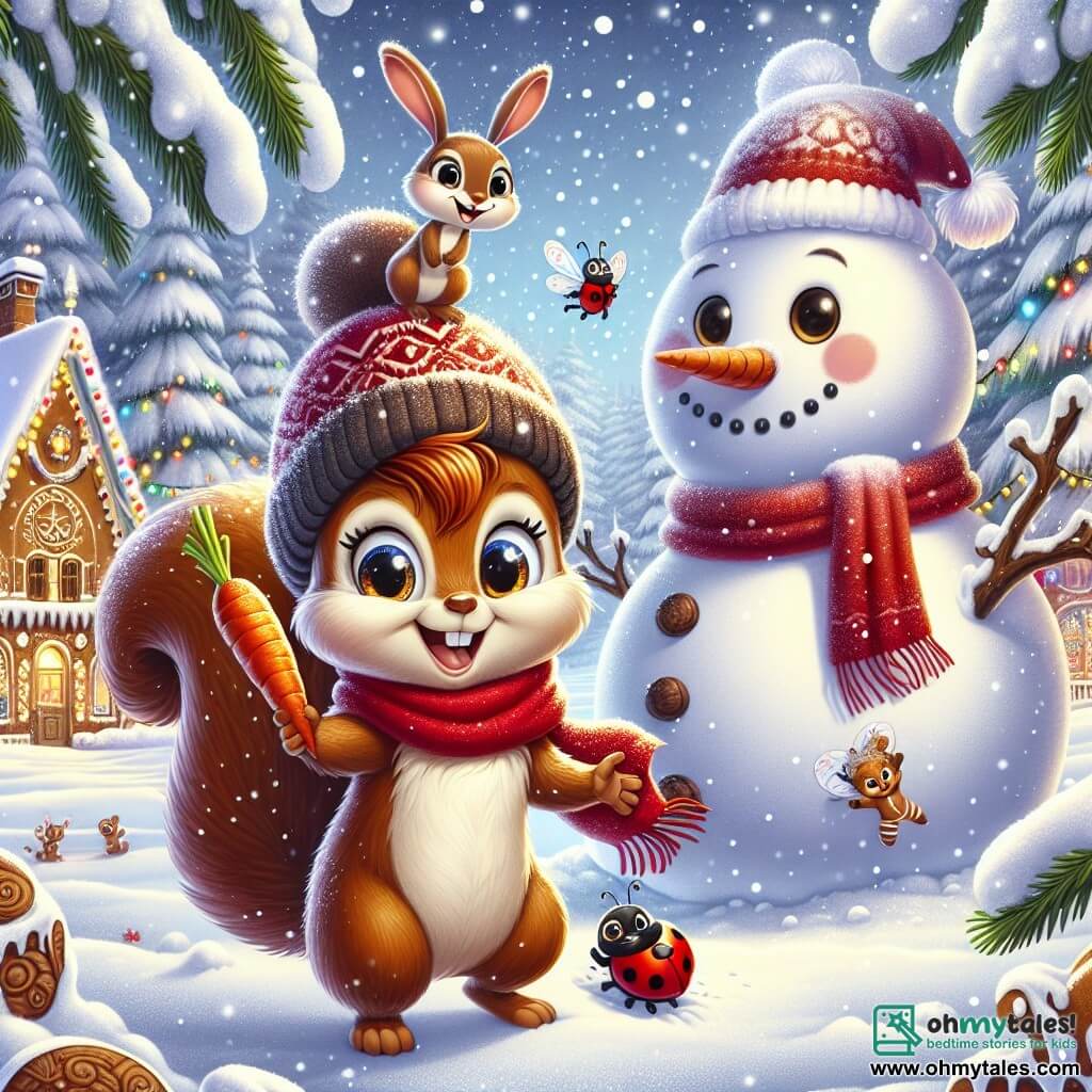 Nutty, a small squirrel with brown fur and sparkling eyes, stands in front of a huge snowman he just built, wearing a big smile. He has a bright red scarf and a small felt hat. Next to him, Benny, an adorable rabbit with big ears and white fur, jumps with excitement, holding a carrot he placed on the snowman as its nose. Lila, a little ladybug with red and black wings, flies around them, her antennae twitching with happiness. The scene is set in a charming winter village with gingerbread houses decorated with lights and snowflakes gently falling from the sky. The ground is covered in a thick layer of sparkling snow, surrounded by trees laden with snow. Nutty, Benny, and Lila are celebrating the magic of Christmas, filled with laughter and joy as they decorate their snowman with colorful accessories, creating a festive and warm atmosphere.