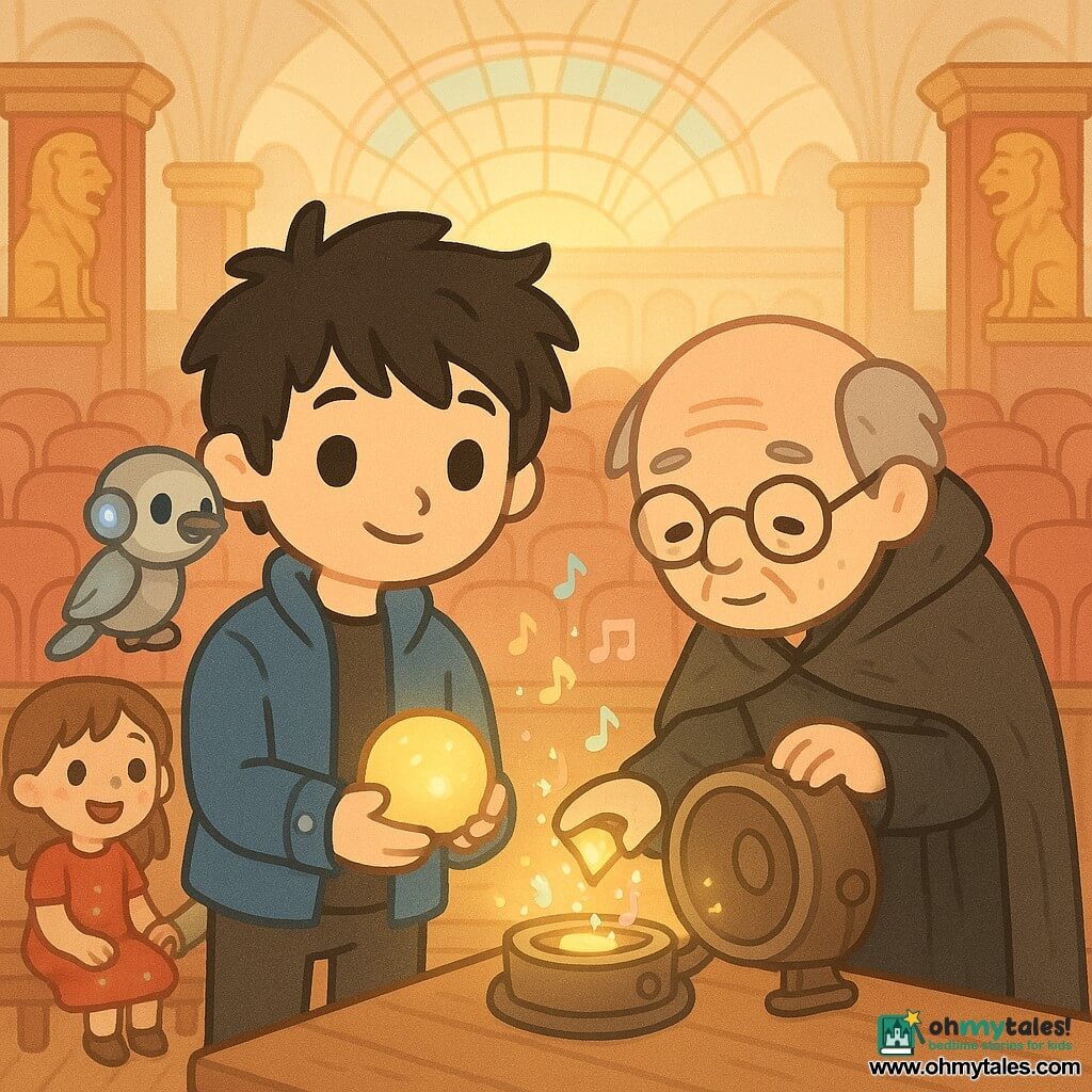 Young man with a brave gentle expression, messy black hair, blue jacket with small silver studs on the sleeves, holding a small glowing golden orb at the edge of the stage; a middle-aged man (about 50), the Echo Keeper, tired but calm face, cracked-lens glasses, worn dark cape, gently fitting a round machine on stage beside the young man; a small metallic robot bird with blue LED lights on the boy’s shoulder chirping at the orb; an 8-year-old girl in a red dress with a paint stain holding the hand of a smiling 7-year-old boy in a green sweater, seated on a hall bench watching; the place is an old grand concert hall with polished wooden floor, red rows of seats, carved pillars with gilded lions and a high luminous dome of stained glass, warm soft light on the stage; the two men place the orb in the machine which glows gold and emits tiny visible musical notes as colored filaments, the atmosphere is peaceful, solemn and warm, the audience listening with smiles.