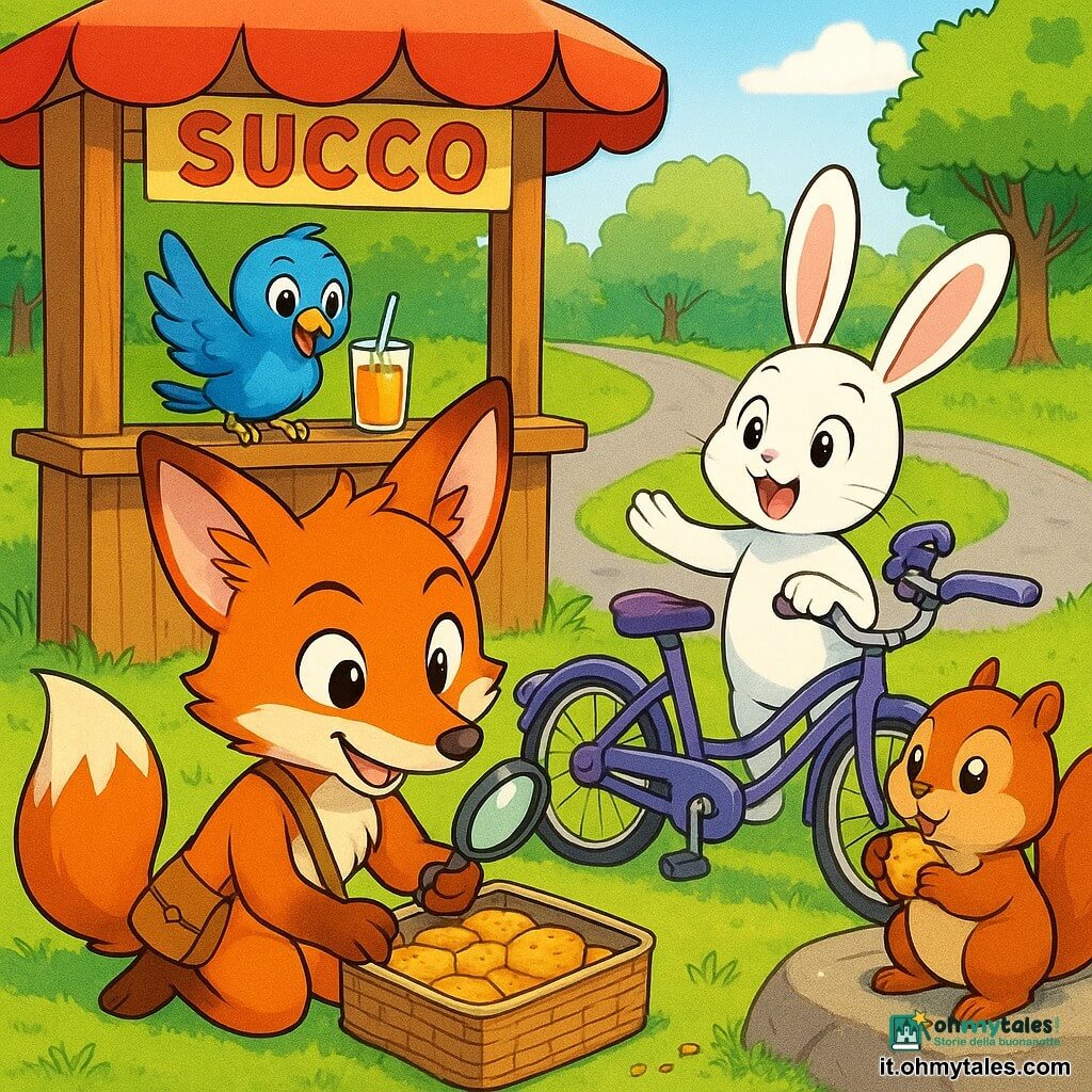 Rino, giovane volpe furba con muso appuntito, pelo rossiccio, lente e taccuino a tracolla, è inginocchiato davanti a un grande cesto da picnic e apre una scatola di latta piena di biscotti dorati; Nina, coniglietta bianca dalle lunghe orecchie e occhi tondi, felice e sorpresa, tiene una bicicletta viola accanto al cesto; Pio, pappagallino azzurro dalle piume celesti, eccitato, è posato sul bancone del chiosco di legno e indica il cesto; Timo, scoiattolo rosso dalle guance grandi, goloso e preoccupato, sta su una pietra con una briciola; il chiosco di legno colorato con un grande parasole rosso si trova al bordo di una pista ciclabile grigia che serpeggia tra prati verdi e alberi; scena centrale: la gioiosa scoperta dei biscotti al miele, luce calda del sole, briciole sulla pietra, espressioni e gesti amichevoli, composizione incentrata sul cesto e sulla scatola aperta.