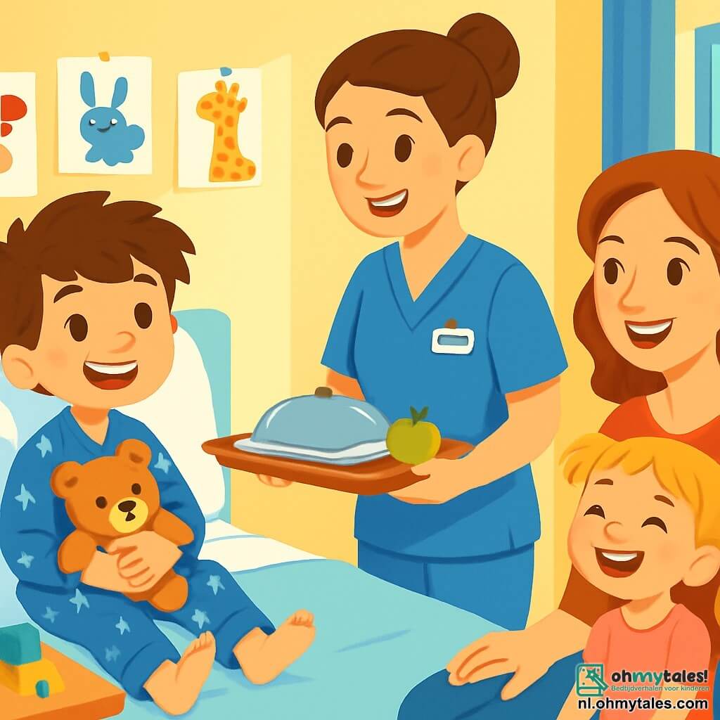 Een 8-jarig jongetje, Sam, met rommelig bruin haar en sprankelende ogen vol hoop, zit op een ziekenhuisbed. Hij draagt een blauwe pyjama met witte sterren en glimlacht terwijl hij een knuffel vasthoudt. Naast hem staat een glimlachende verpleegster, mevrouw Noor, in haar dertig, met kastanjebruin haar in een knot, die maaltijden uitdeelt aan de kinderen in de kamer. In de hoek lacht een klein meisje, Lila, 7 jaar oud, met blonde vlechten en een roze t-shirt, samen met haar moeder die op een stoel zit, met een blije blik. De ziekenhuiskamer is licht en heeft zachtgele muren met kleurrijke dieren tekeningen. Speelgoed ligt verspreid op een houten tafel en een raam laat zonlicht binnen, wat een warme sfeer creëert. Sam, vol energie, is van plan het ziekenhuis te verkennen, vastbesloten om antwoorden en een beetje magie te ontdekken in deze wereld van zorg.