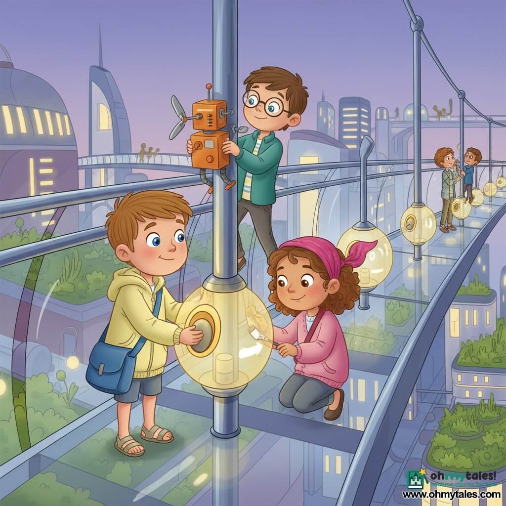 A 6-year-old boy with curious eyes and a focused smile presses a smooth pebble against the glowing groove of a round glass lantern with small hands; he wears sandals, a blue satchel and a light lemon-colored jacket. A girl of about 6 (Zara), curly hair tied with a pink scarf, squats beside him painting white arrows on the lantern's glass casing to indicate the opening direction. A boy of about 7 (Timo), short hair and round glasses, stands slightly back on the bridge holding an orange wind-up robot that climbs the pole and adjusts a screw. The setting is a translucent glass sky-bridge suspended above a futuristic city at dusk: polished steel walkway, spherical glass lantern pods, rooftop gardens with green plants, curved glass buildings and ribbon-like light bridges. The scene shows a communal repair of a row of dimming lanterns as soft amber-yellow light returns in patches, passersby bring bulbs and tools in the background, creating a warm cooperative atmosphere. Dominant colors: dusky lavender, amber-yellow of the lanterns, garden greens with orange and blue accents; clean style, simple shapes and readable silhouettes suitable for children.