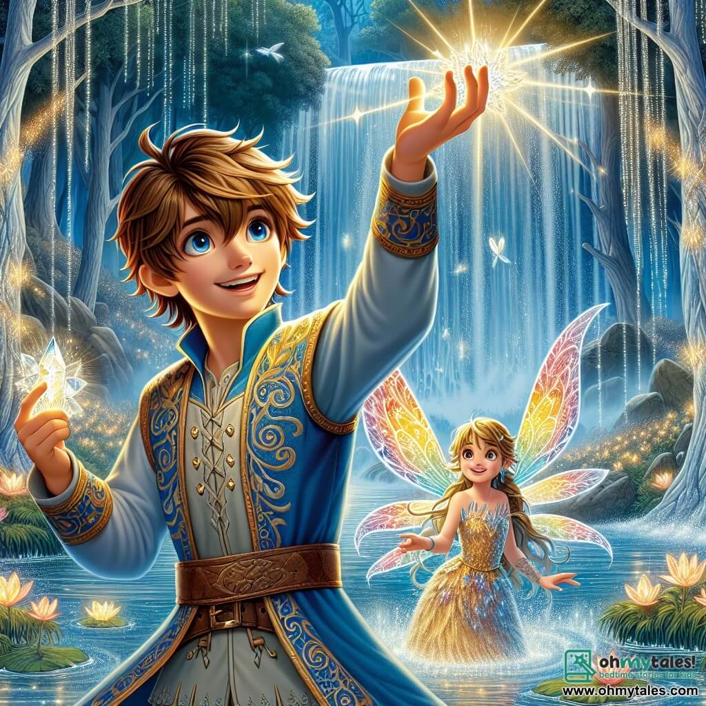 Prince Felix, a young boy of about 12, has messy brown hair and sparkling eyes full of determination. He wears a blue tunic adorned with golden patterns and holds the shimmering Crystal of Harmony, radiating a soft, warm light. His face expresses both excitement and bravery as he stands at the edge of a sparkling waterfall. Next to him, Lily, a small fairy with translucent, colorful wings, joyfully flies around him. She has golden hair and wears a dress made of flower petals. Her bright smile shows her confidence and enthusiasm as she points to the sky, encouraging Felix. In the background, the enchanting scenery of Eldoria's magical forest unfolds, with silver-trunked trees and shimmering leaves bathed in golden light. The waterfall pours crystal-clear water into a pool filled with glowing flowers, creating a fairy-tale atmosphere. The main scene shows Felix raising the Crystal of Harmony towards the sky, ready to restore the magic of his kingdom, while Lily encourages him with a sparkle of light in her eyes, symbolizing hope and unity in the face of adversity.