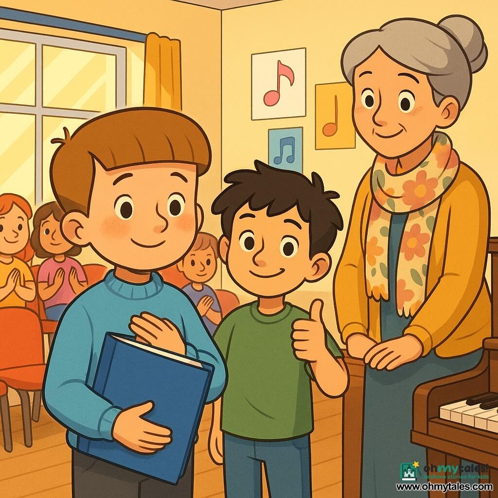 A 6-year-old boy with light brown bobbed hair in a sky-blue sweater holds a large blue folder; his cheeks are slightly flushed, eyes bright, with a shy half-smile, appearing both sad and proud with one hand on his chest. Beside and slightly behind him stands his friend Jamie, about 6, with messy black hair, wearing a green t-shirt and giving a thumbs-up while smiling. Ms. Bramble, about 35, with light gray hair in a bun and a floral scarf, stands by a brown upright piano with her hands on its edge, watching kindly. The bright choir room has a varnished wood floor, rows of red chairs, scattered sheet music, colorful music-note posters, and a large window letting in warm sunlight. The scene shows the end of a rehearsal: the central boy has finished singing, the other children clap softly, and the atmosphere is gentle and supportive.
