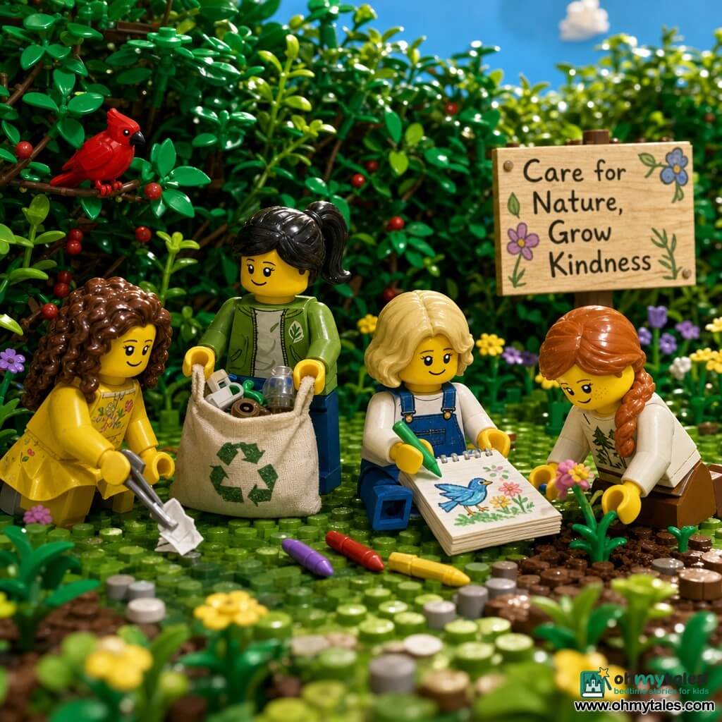 Four 6-year-old girls in a LEGO diorama care for a wild hedge and its birds: on the left a curly brown-haired girl in a small yellow dress crouches and picks up litter with a little picker while looking at a red bird on a branch; center-left a straight black-haired girl in a green jacket holds a reusable fabric bag of sorted waste and smiles; center-right a short blond girl in blue overalls sits on the grass drawing a bird and flowers with large colored crayons; on the right a redheaded, freckled girl with a braid plants a small wildflower in a hand-dug hole, focused. The setting features a large dense wild hedge with shiny green leaves and red berries, wild purple and yellow flowers at its base, grassy ground with patches of brown earth and a few round stones, a hand-painted wooden sign beside the hedge, and a soft blue sky with warm sunlight filtering through leaves; visible LEGO brick texture, bright colors, gentle expressions, and close-ups on the children's hands, birds, and flower details convey a serene, joyful, educational scene of teamwork and caring for nature.