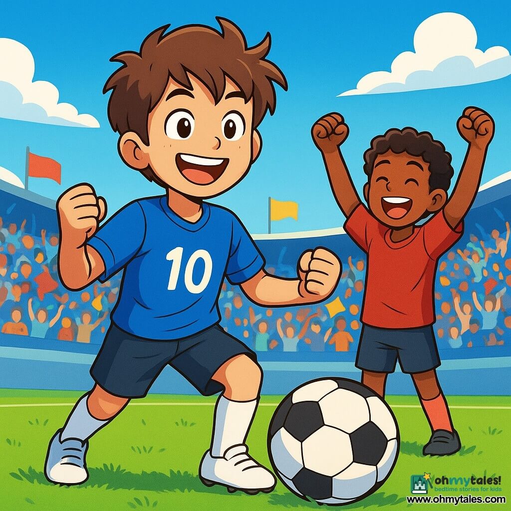 A young man, Ethan, is at the center of the image, beaming with pride and happiness. He wears a bright blue football jersey with the number 10, black shorts, and white sports shoes. His messy brown hair and sparkling eyes reflect excitement. Next to him, Juma, a 12-year-old boy, celebrates with arms raised, sporting curly hair and a red jersey. In the background, a stadium filled with enthusiastic spectators waving colorful flags is visible under a bright blue sky. In the foreground, a football rests on the green grass as Ethan and Juma prepare to celebrate a goal. The scene conveys an atmosphere of joy and friendship, with vibrant colors and dynamic details.