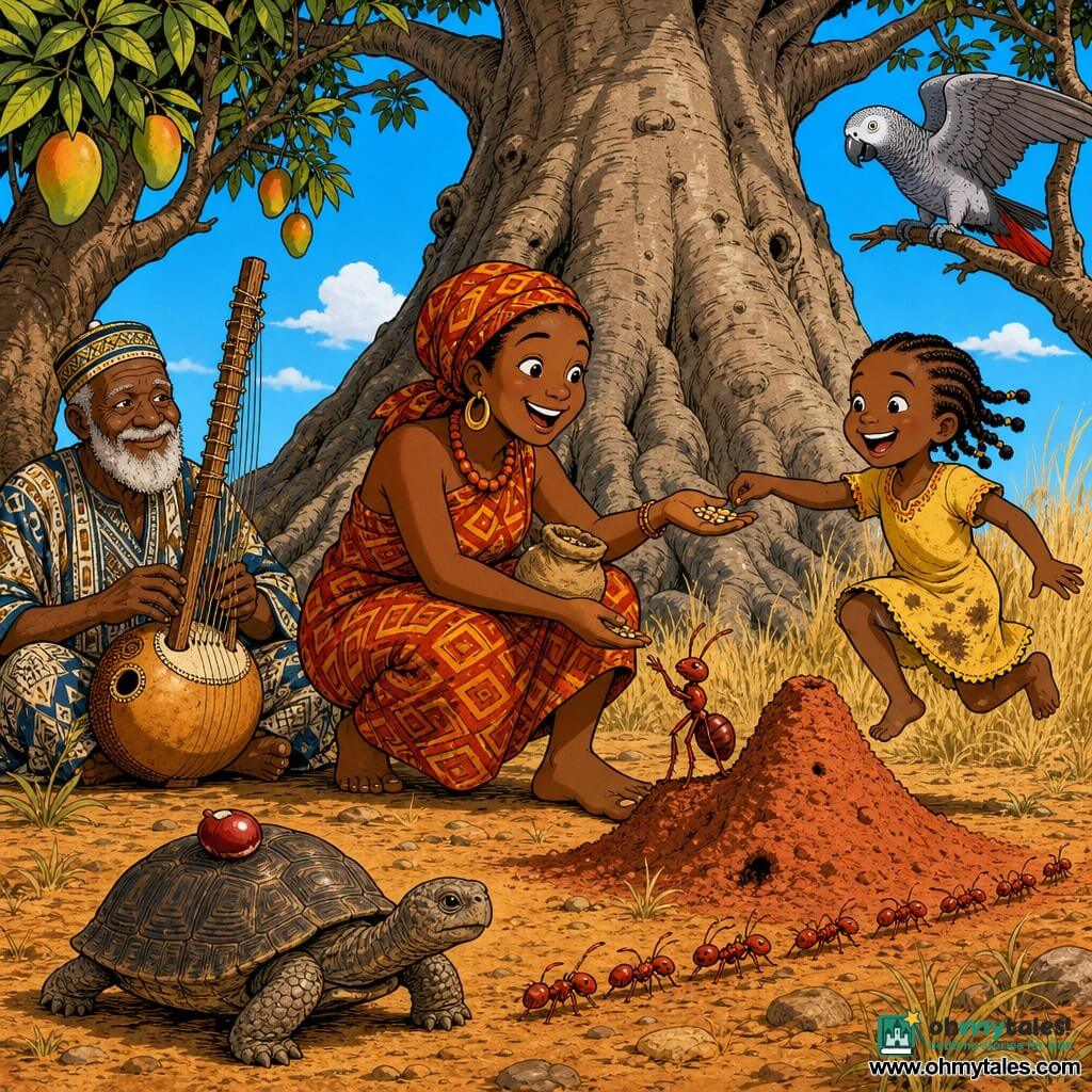A woman (Mamadou) with a round face, copper skin, warm smile and bright joyful eyes crouches by a vivid red anthill offering a small bag of seeds with outstretched hands while wearing a red-orange geometric patterned wrapper, an old man (Baba Kouyaté, ~70) with a white beard in woven clothes sits under a mango tree to the left playing a kora and watching Mamadou kindly, a ~6-year-old girl with braided hair and a dirt-stained yellow dress laughs and hops to Mamadou’s right as she receives a seed, the Queen ant (large shiny red ant with glossy black eyes) sits on Mamadou’s toe with raised antennae and a line of red workers passes in the background, a large grey parrot perches on a branch above with wings half-open watching the scene, an old rough-shelled tortoise moves slowly in the foreground with a shiny red seed attached to its shell, all at the base of an immense baobab with gnarled roots on ochre ground, tall golden grasses, a bright red anthill nearby and a pale blue sky with a few clouds, the main scene a warm, saturated semi-circular composition of seed-sharing and smiles around the baobab.