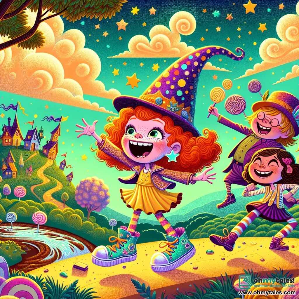In a colorful and whimsical landscape, three children stand atop Giggledom Hill. Jenny, a 10-year-old girl with bright red hair and sparkling blue sneakers, laughs heartily while mimicking exaggerated movements. To her right, Lola, a 9-year-old girl wearing a purple feathered hat, makes hilarious faces with her arms raised. On the left, Mia, a 10-year-old girl with curly brown hair and a contagious smile, dances awkwardly, her eyes sparkling with joy. The setting is a fantastical world where houses are suspended in trees, and the sky is dotted with polka-dotted stars. Cotton candy clouds float gently, while a chocolate stream flows nearby, creating a magical and absurd atmosphere. The main scene shows the children making a grumpy old wizard laugh, whose enormous mismatched shoes are visible in the background. Their faces are filled with happiness and excitement as they engage in a series of comedic gestures to make the wizard burst into laughter, who begins to smile, his eyes twinkling with amusement.