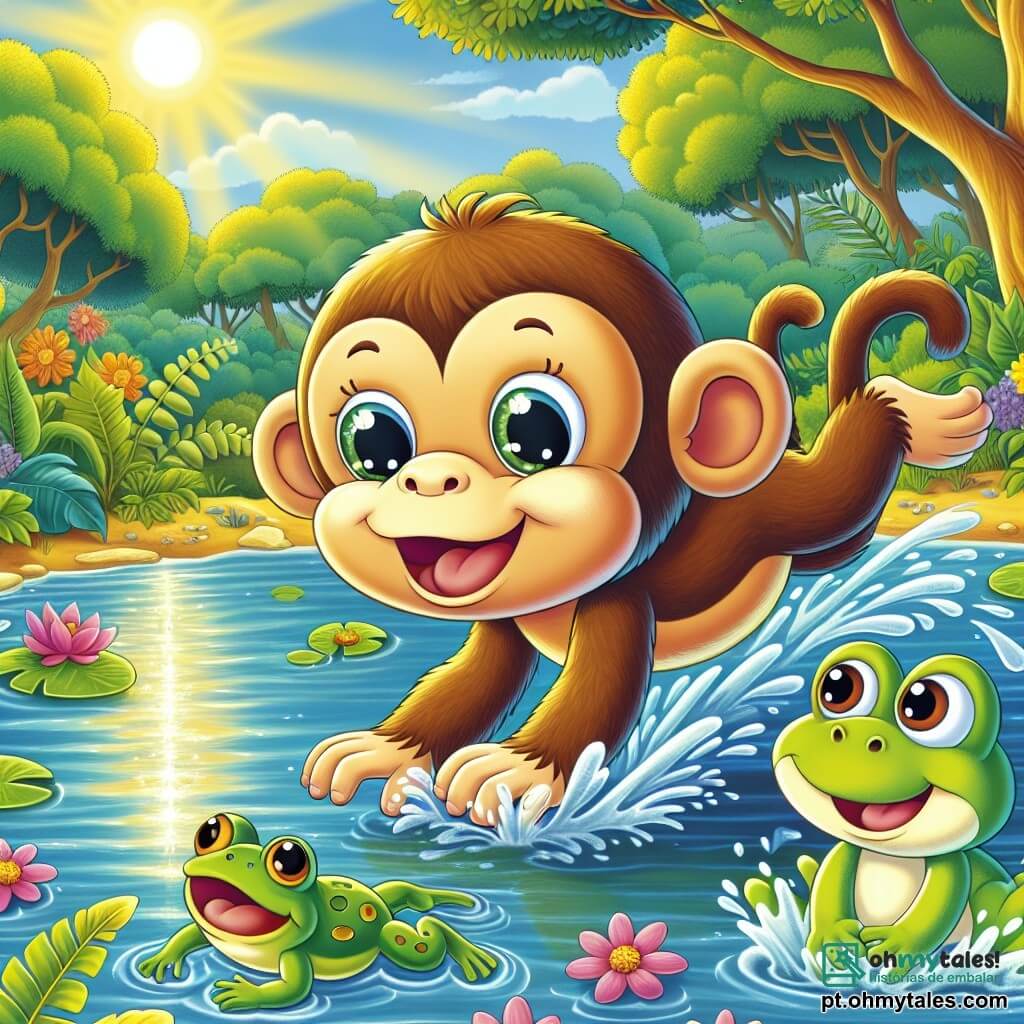 Um macaco alegre chamado Tico, com pelagem castanho claro, grandes olhos brilhantes e um sorriso radiante, está mergulhando em um lago cintilante, espirrando água ao seu redor. Perto dele, um pequeno sapo chamado Léo, com pele verde e olhos redondos, observa com admiração, suas patas dianteiras levantadas em sinal de encorajamento. O lago é cercado por grandes árvores com folhas luxuriantes e flores coloridas que dançam ao vento, enquanto o sol brilha alto no céu, criando reflexos dourados na água. A cena mostra Tico em plena ação, pronto para nadar e recuperar a bola de Léo, ilustrando o espírito de aventura e amizade que os une.