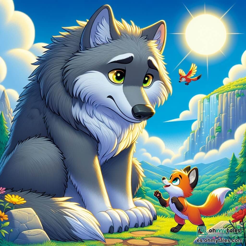 Ilustración que representa a un gran lobo de pelaje gris y sedoso, con ojos amarillos brillantes y una expresión melancólica. Está sentado sobre una roca, mirando el paisaje con una luz de tristeza en sus ojos, como si buscara desesperadamente amigos. Cerca, un pequeño zorro de pelaje naranja brillante y ojos chispeantes de curiosidad se acerca al lobo con una gran sonrisa, mostrando su determinación de hacerse su amigo. El zorro está lleno de energía y parece listo para animar al lobo a abrirse a los demás. El escenario se sitúa en la cima de una montaña cristalina, donde el cielo es de un azul brillante y el sol brilla, iluminando el paisaje verde abajo. Nubes ligeras flotan suavemente, añadiendo un toque de magia al entorno. La situación principal muestra al lobo, inicialmente percibido como un personaje aterrador, revelándose ante un pequeño zorro que le tiende la pata, simbolizando la esperanza de una nueva amistad. Otros elementos gráficos incluyen flores coloridas esparcidas alrededor de las rocas, pájaros volando en el cielo y un viento ligero que hace bailar las hojas de los árboles a lo lejos, creando una atmósfera cálida y acogedora.