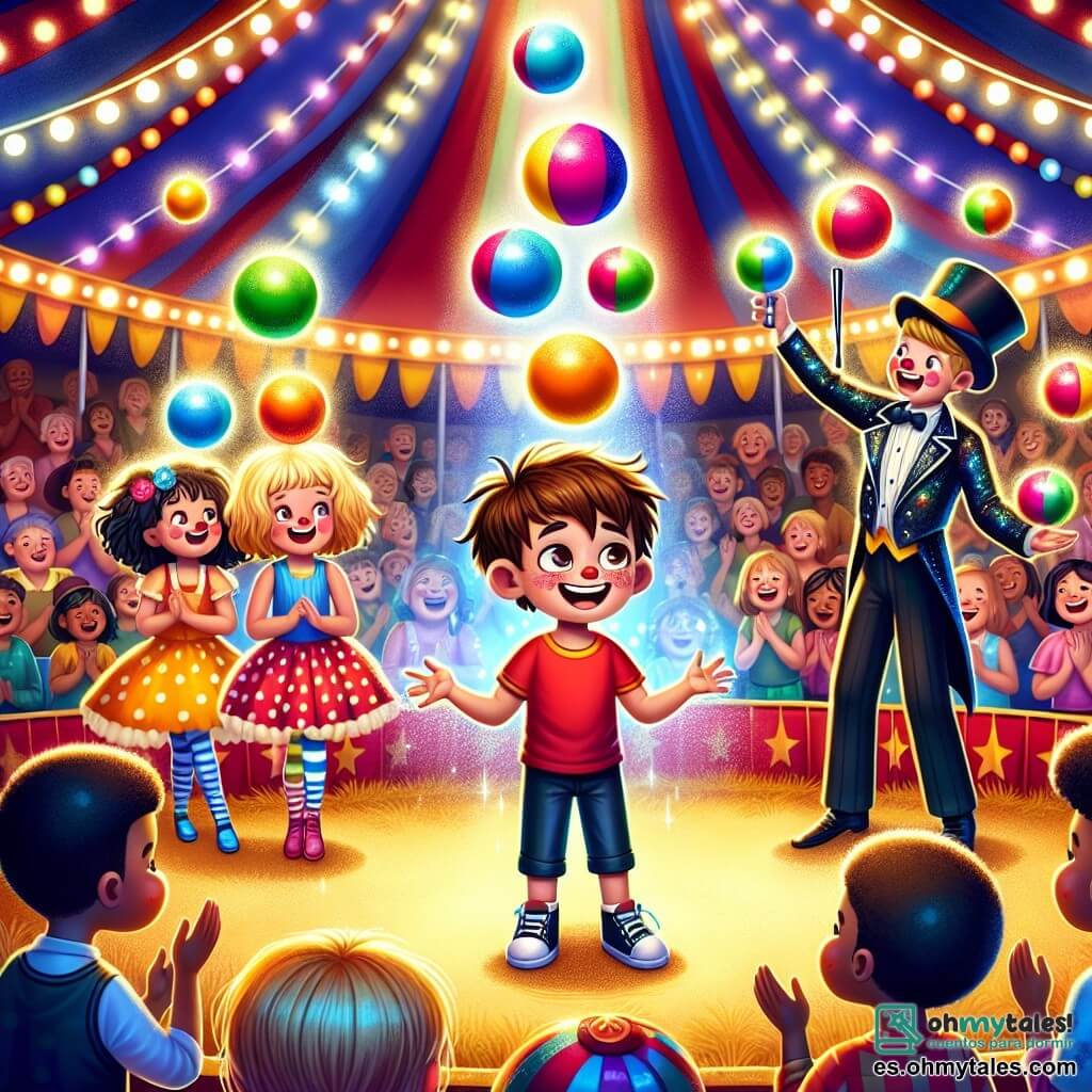 En un circo colorido, un niño de 4 años llamado Tomás, con cabello castaño despeinado y una camiseta roja, está en el centro de la imagen, sonriendo con globos multicolores a su alrededor. A su derecha, un malabarista alto y delgado, vestido con un traje brillante y un sombrero de copa, lanza pelotas al aire con una gran sonrisa. A la izquierda, una niña rubia, vestida con un vestido de lunares, aplaude con asombro, los ojos muy abiertos. El lugar es una gran carpa de circo, decorada con luces centelleantes y banderines coloridos, con espectadores al fondo, todos cautivados por el espectáculo. La situación principal muestra a Tomás, rodeado de globos voladores, riendo y divirtiéndose bajo los aplausos del público, mientras el malabarista realiza trucos impresionantes, creando una atmósfera alegre y mágica.