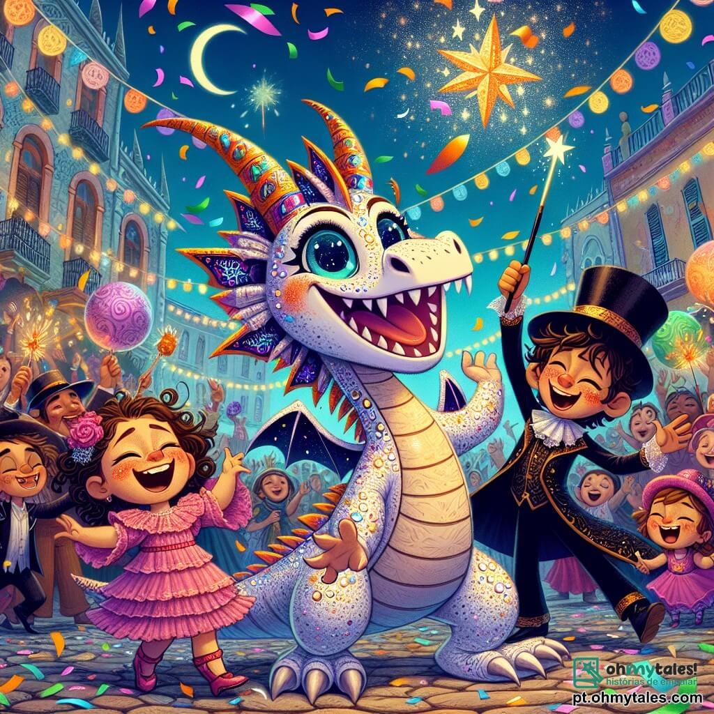 Um dragão alegre chamado Zico, com escamas brilhantes como estrelas e grandes olhos cintilantes, dança no meio de uma multidão colorida, suas asas abertas e um grande sorriso no rosto. Ao seu lado, uma menina chamada Lila, com um vestido rosa de babados e cabelos cacheados, ri alto enquanto lança confetes ao ar. Um garoto chamado Tomás, vestido com um traje de mágico preto e um chapéu alto, faz gestos de mágica com sua varinha, os olhos brilhando de excitação. A cena acontece em uma praça animada, decorada com guirlandas multicoloridas e balões flutuantes, onde artistas de rua e músicos criam uma atmosfera festiva. No centro dessa festa, Zico, Lila e Tomás dançam juntos, cercados de risos e música, celebrando a amizade e a alegria do carnaval.