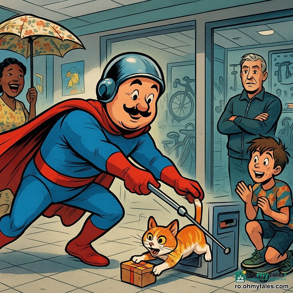 Un supererou comic, față rotundă, mustață fină, casca lucioasă ușor pe o parte, pelerină roșie șifonată, expresie stânjenită și ștrengărească, întinde o antenă telescopică argintie spre un bancomat pentru a salva o pisică; are o postură dinamică, un picior înainte, braț întins. În spate, la ușa unui atelier de reparat biciclete, domnul Radu, bărbat în jur de 50 de ani, păr cenușiu tuns scurt, trening închis, brațe încrucișate, privire amuzată și îngrijorată. În dreapta, un băiat de circa 12 ani pe skateboard, păr zburlit, tricou colorat, aplaudă uimit, ușor ghemuit. În stânga, o femeie în jur de 40 de ani cu o umbrelă florală mare, rochie vintage, râde și ridică umbrela ca pe un drapel. O pisică roșcată cu alb, cu ochi vioi, e blocată pe jumătate în fanta bancomatului, o labă atinge o cutie mică din carton decorată folosită pentru salvare. Locația este o stație modernă interioară cu podea de gresie gri deschis, bancomat metalic iluminat cu ecran roșu clipind „BILET VAPOR 9999”, afișe colorate pe pereți, rând de biciclete strălucitoare și unelte pe o etajeră în spatele ușii vitrate. Scena principală e comic-eroică: salvare improvizată a unei pisici de către un erou stângaci cu antena, mulțimea amuzată, culori vii, linii de acțiune exagerate, umbre blânde, atmosferă caldă și jucăușă.