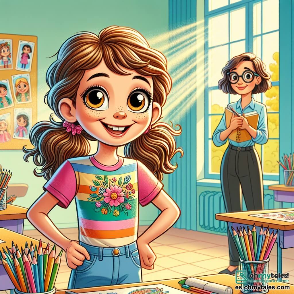 Una niña de 10 años, llamada Sofía, está en el centro de la imagen, con grandes ojos brillantes y una sonrisa radiante de emoción. Tiene el cabello castaño ondulado, atado en dos coletas, y lleva una camiseta colorida con estampados de flores y unos jeans. Sofía está dibujando bocetos para el decorado de un espectáculo escolar, rodeada de lápices de colores y papeles. A su derecha, la maestra, la señorita Laura, una mujer de unos 30 años con cabello castaño corto y gafas redondas, observa a Sofía con una mirada alentadora. Ella lleva una blusa azul y pantalones negros, y sostiene un cuaderno en sus manos, lista para anotar las ideas de Sofía. El decorado se encuentra en un aula luminosa, con paredes pintadas de amarillo y ventanas que dejan entrar la luz del sol. La situación principal muestra a Sofía concentrada en su dibujo, mientras la señorita Laura la anima con una sonrisa, creando una atmósfera de creatividad y apoyo.