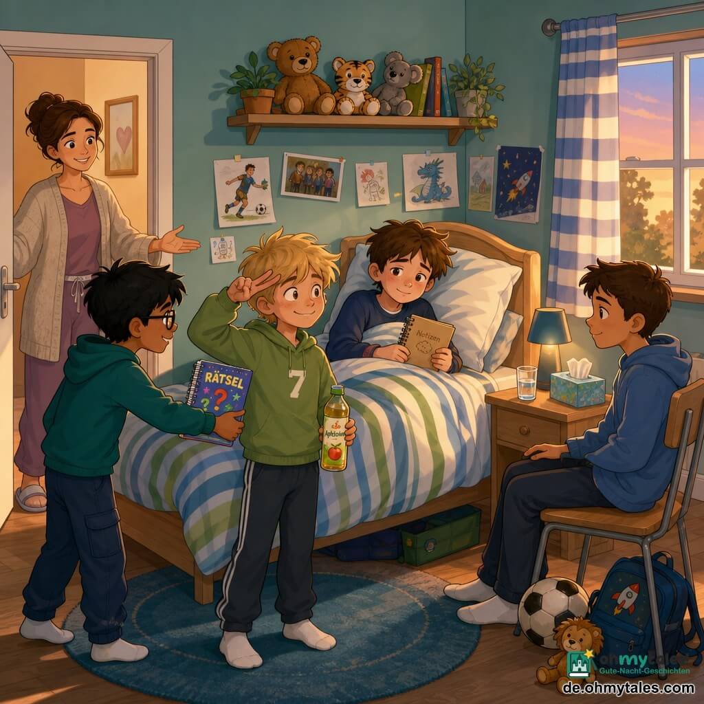 Vier Kinder: Tom, Junge ~10, braune kurze Haare, ruhig und aufmerksam, sitzt rechts am Bett und blickt sanft zu Ben; Ben, Junge ~10, kastanienhaarig, blass, liegt mittig im Bett unter einer gestreiften Decke, hält ein kleines Heft und lächelt schwach; Jonas, Junge ~10, blonds und zerzaust, steht links am Fußende mit einer Flasche Apfelschorle und grüßt scherzhaft; Malik, Junge ~10, schwarze Haare, Brille, ernst und kreativ, steht nahe der Tür links und reicht Ben ein buntes Rätselheft. Ein Erwachsener: Bens Mutter, Frau ~35, gebundene Haare, gemütliche Hauskleidung, steht im Hintergrund an der Tür mit wohlwollendem Lächeln und einladender, stiller Geste. Ort: Helles Kinderzimmer, pastellblau-grüne Wände, Regal mit Kuscheltieren und Bildern, gestreifter Vorhang am Fenster mit weichem Abendlicht, Nachttisch mit Wasserglas und Taschentuchbox, runder Teppich unter dem Bett. Situation: Ruhiger, herzlicher Besuch—drei Freunde trösten den kranken Ben, bringen einfache Geschenke (Zeichnungen, Rätselheft, Getränk) und sprechen leise; gemütliche Atmosphäre, warme Farben, sanfte Texturen, fürsorgliche Gesten, Komposition konzentriert aufs Bett und die Zuwendung.
