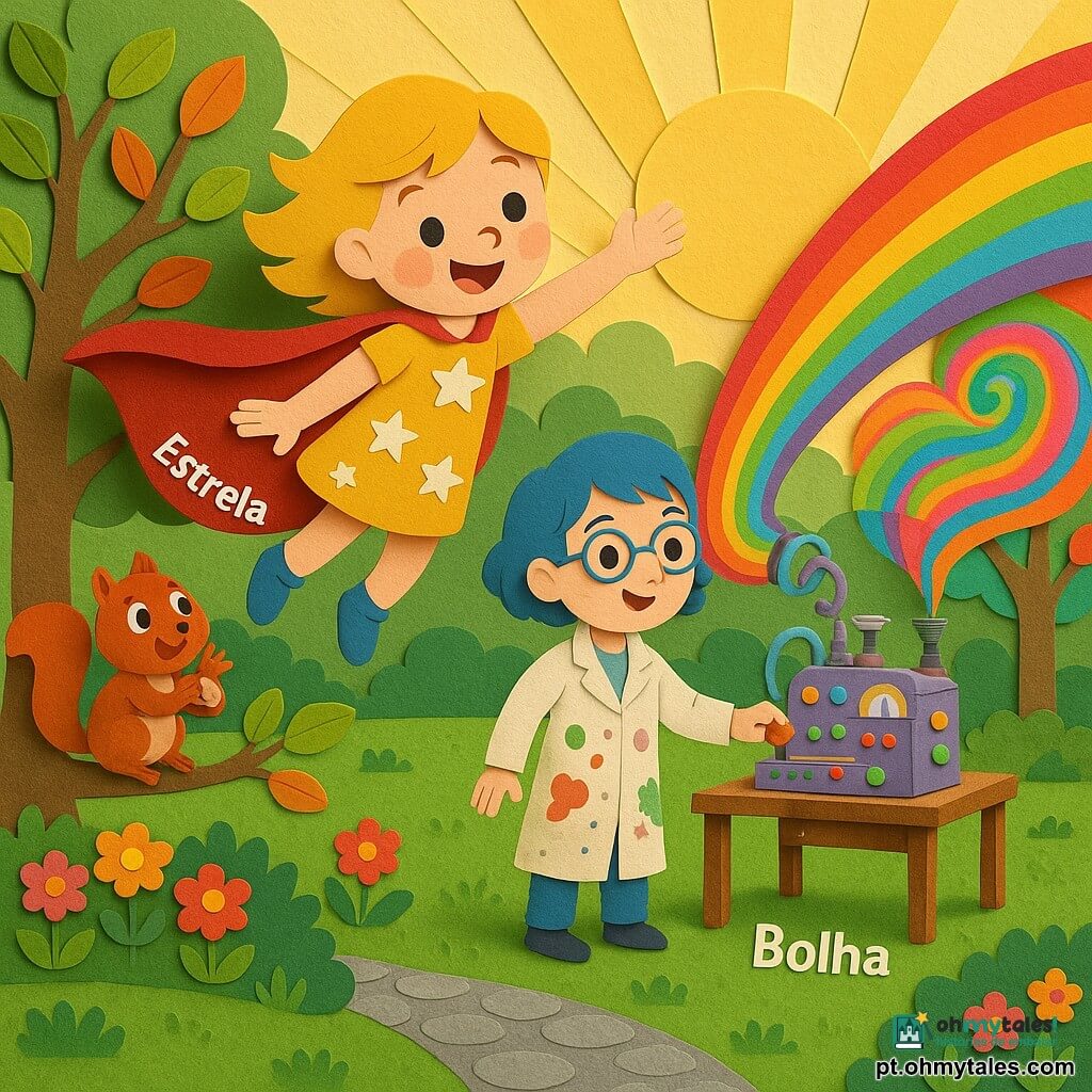A personagem principal é uma menina super-heroína, Estrela, determinada e alegre, cabelos loiros em mechas, capa vermelha grande, vestido amarelo com estrelas brancas, sorrindo e voando ligeiramente enquanto dirige um arco-íris; a segunda é uma inventora, Bolha, cerca de 30 anos, cabelo curto azul, óculos redondos e jaleco manchado de tinta, ativando uma máquina colorida (rodas, botões, tubos) numa mesa de madeira ao lado de Estrela; o terceiro é um pequeno esquilo chamado Pipoca, pelo ruivo, olhos redondos e entusiasmados, aplaudindo e segurando uma noz numa rama próxima; o local é um parque luminoso com relva verde texturada, árvores de folhas multicoloridas, canteiros de flores em camadas tipo papel, caminho cinza e raios de sol amarelados ao fundo; a máquina do arco-íris projeta faixas de cores vivas que cobrem árvores e flores em redemoinhos, criando uma atmosfera otimista, mágica, com contrastes nítidos e formas simples de estilo infantil.