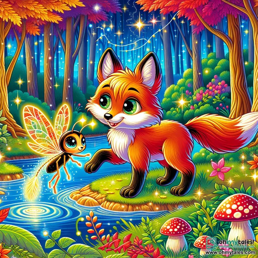 A sparkling-eyed fox with fiery fur, shining like autumn leaves, stands by a shimmering stream. It displays an expression of curiosity and excitement, with its ears perked up and its bushy tail quivering. Nearby, a queen firefly with delicate wings illuminated in a thousand lights floats gracefully, her eyes shining with gratitude. The setting is an enchanted forest, where majestic trees with twisted trunks rise, their leaves dancing in the wind, and the ground is dotted with colorful flowers and red-and-white capped mushrooms. The scene captures the moment when the fox helps the firefly free itself from a glistening spider web, symbolizing friendship and courage in a magical world.