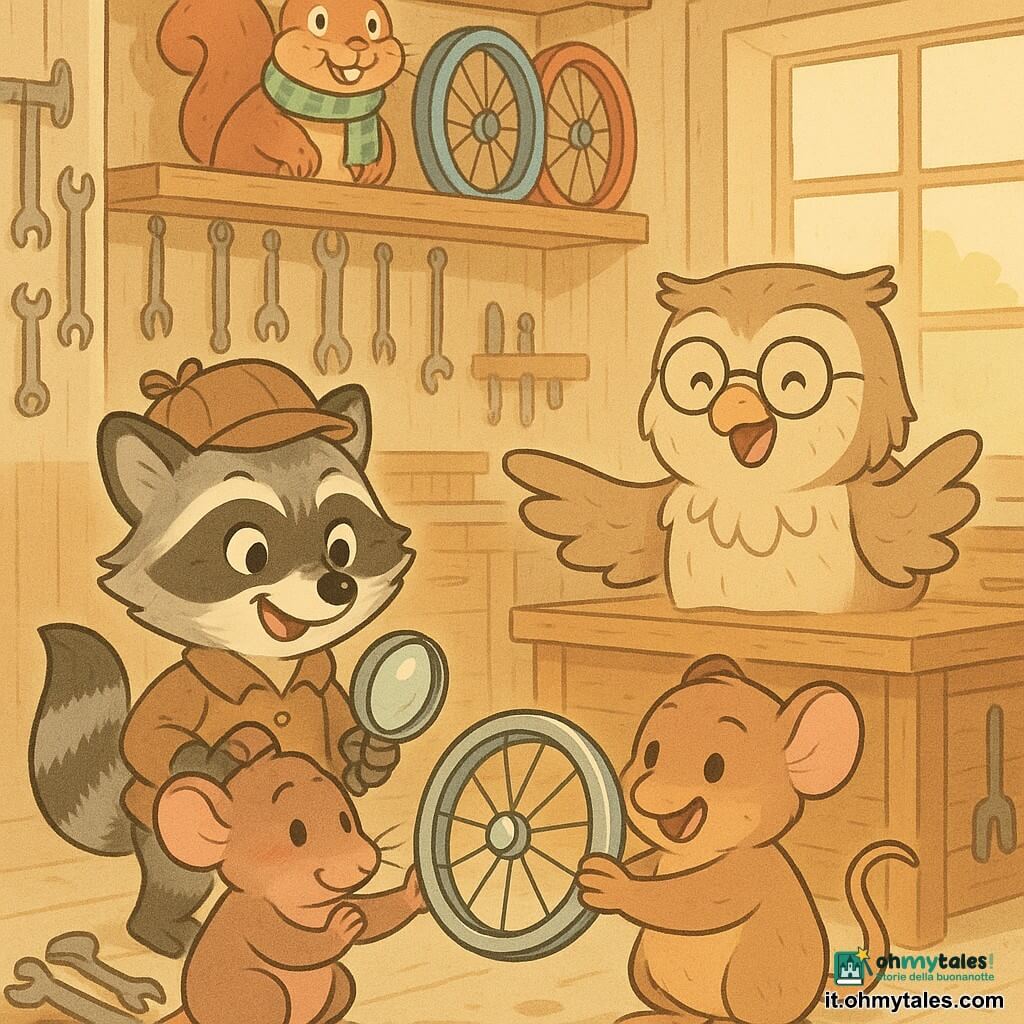 Gigi, un piccolo procione detective sorridente e fiero con lente e cappello marrone, e Pino, un topolino bruno timido che arrossisce, consegnano una ruota lucida al signor Anselmo, un vecchio gufo gioioso con occhiali, davanti a un banco da lavoro in un'officina di biciclette calda; sullo sfondo Lino lo scoiattolo con guance piene di nocciole e sciarpa a righe osserva da uno scaffale, atmosfera amichevole, colori tenui e stile infantile.